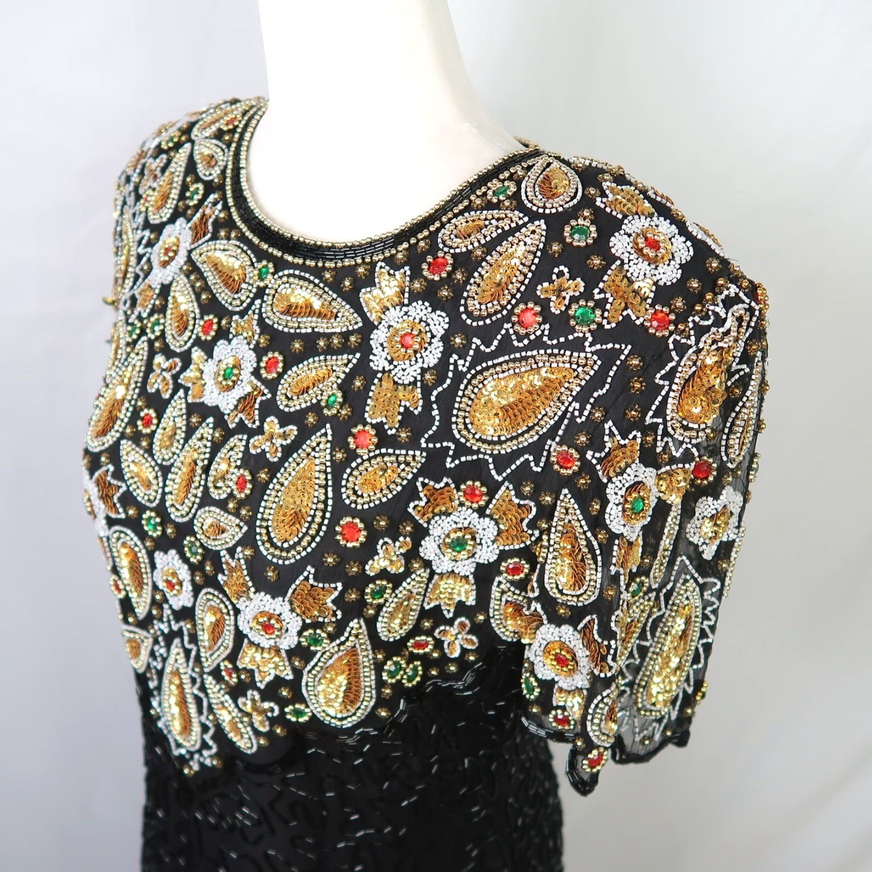 Vintage VINTAGE Laurence Kazar Cocktail Dress Silk Beaded Sequin Black Gold M Adults Women (1980s) Size M / US 6-8 / IT 42-44 - 3 Thumbnail