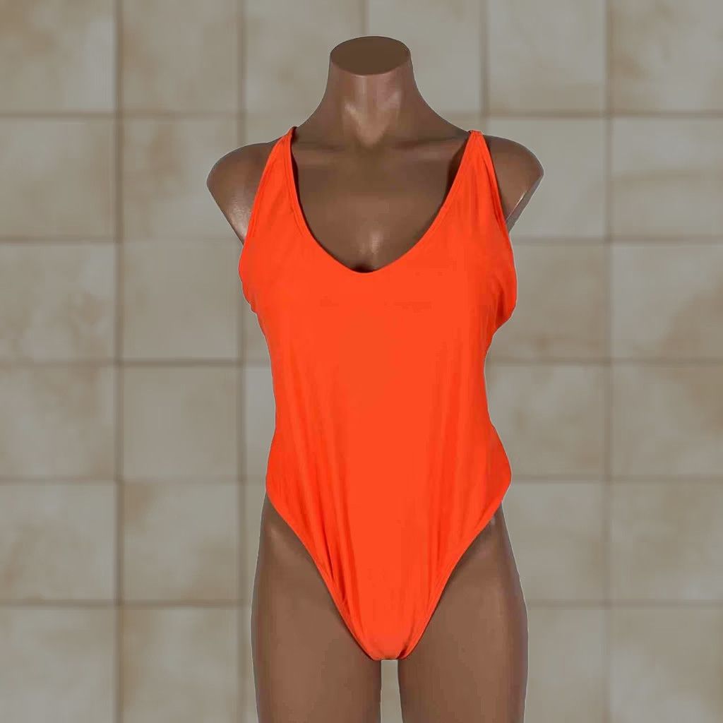 Vintage VINTAGE Matte Collection NEON Orange One Piece Swimsuit PLUS 2X Tie Back Padded Size ONE SIZE - 1 Thumbnail