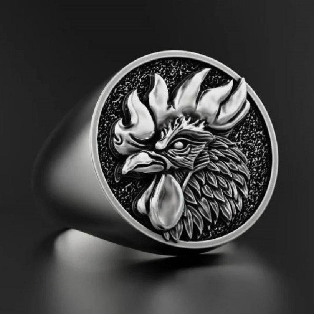 Designer Men's 3D Engraved Rooster Domineering Silver Signet Ring Size ONE SIZE - 1 Thumbnail