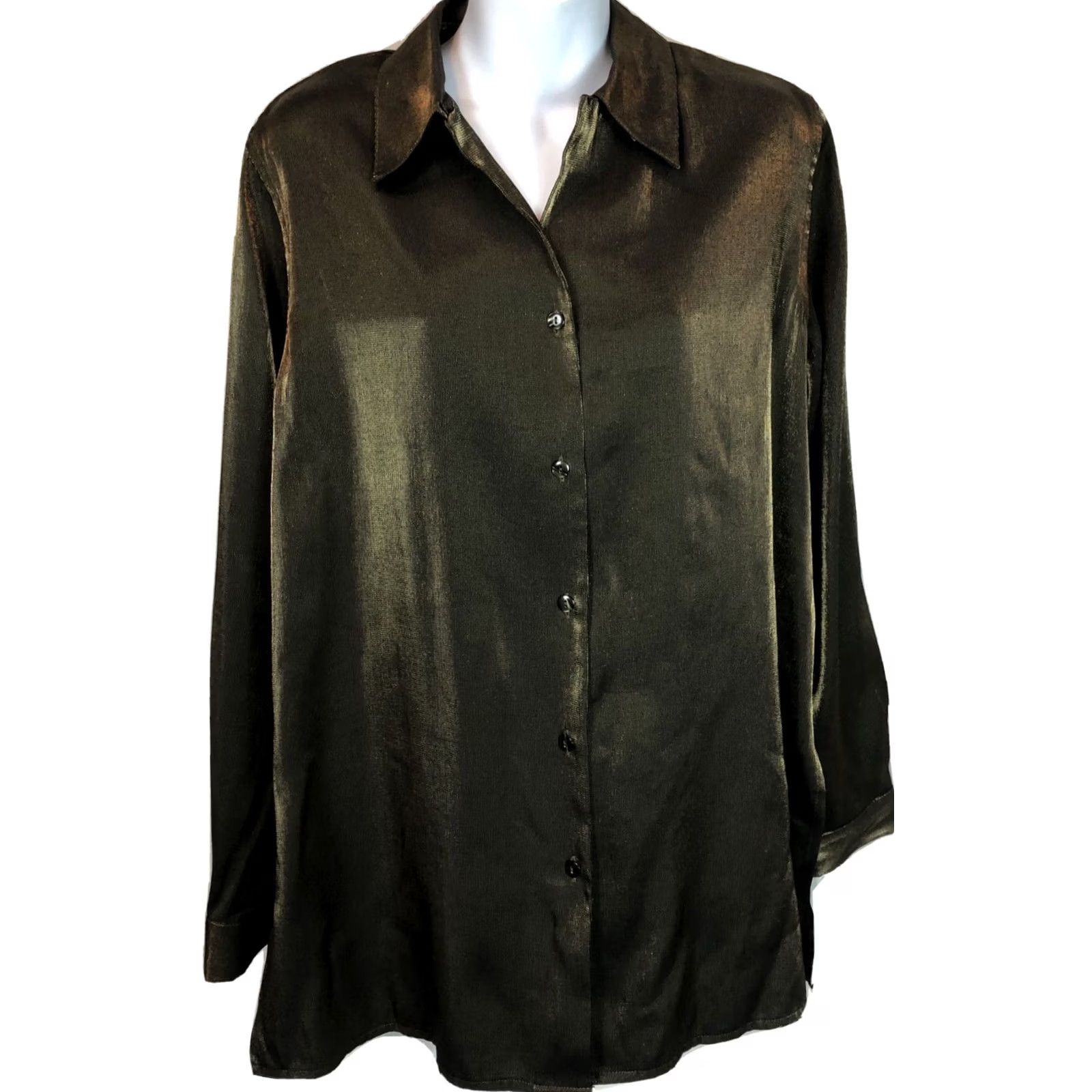 Vintage VINTAGE Jaclyn Smith Button-Up Top Blouse 8 Gold Sparkle Long Sleeve Collared Fairy 90s Women's Clothing Size M / US 6-8 / IT 42-44 - 2 Thumbnail