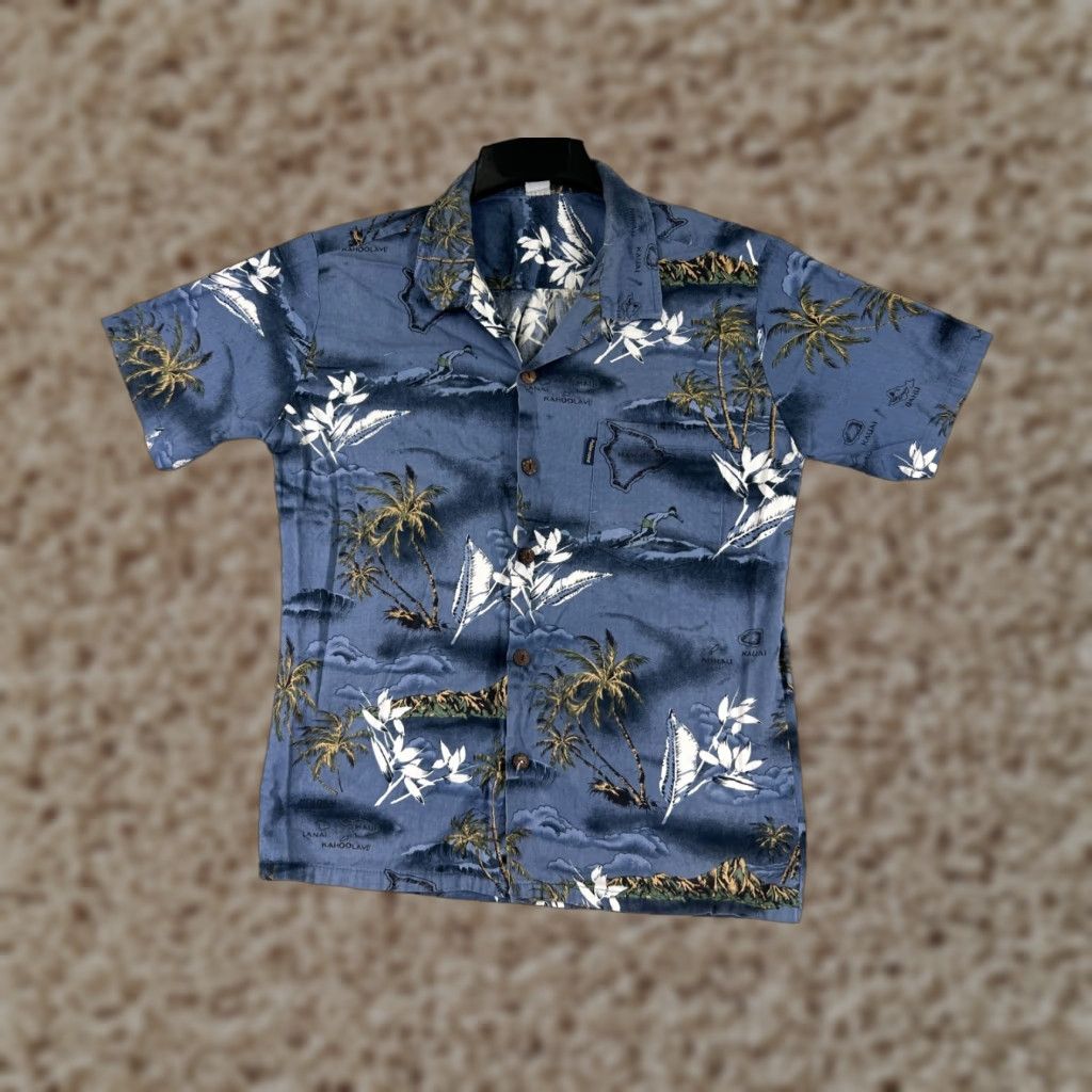 Vintage Palmwave Shirt Men Adult Small Blue Floral Island Map Print Hawaiian Button Up Beach Size US M / EU 48-50 / 2 - 1 Thumbnail