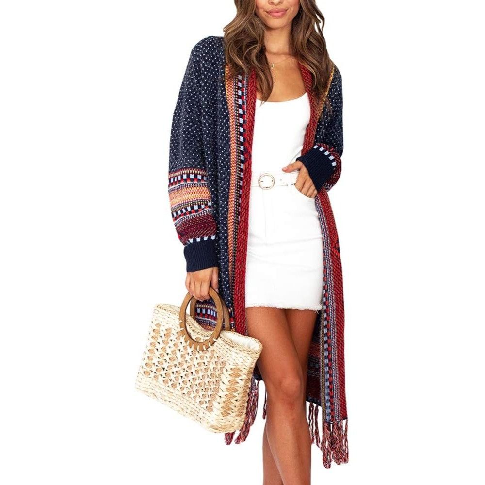 Other CCC Bohemian Aztec Tribal Print Knit Cardigan Fringe Multico Size L / US 10 / IT 46 - 6 Thumbnail