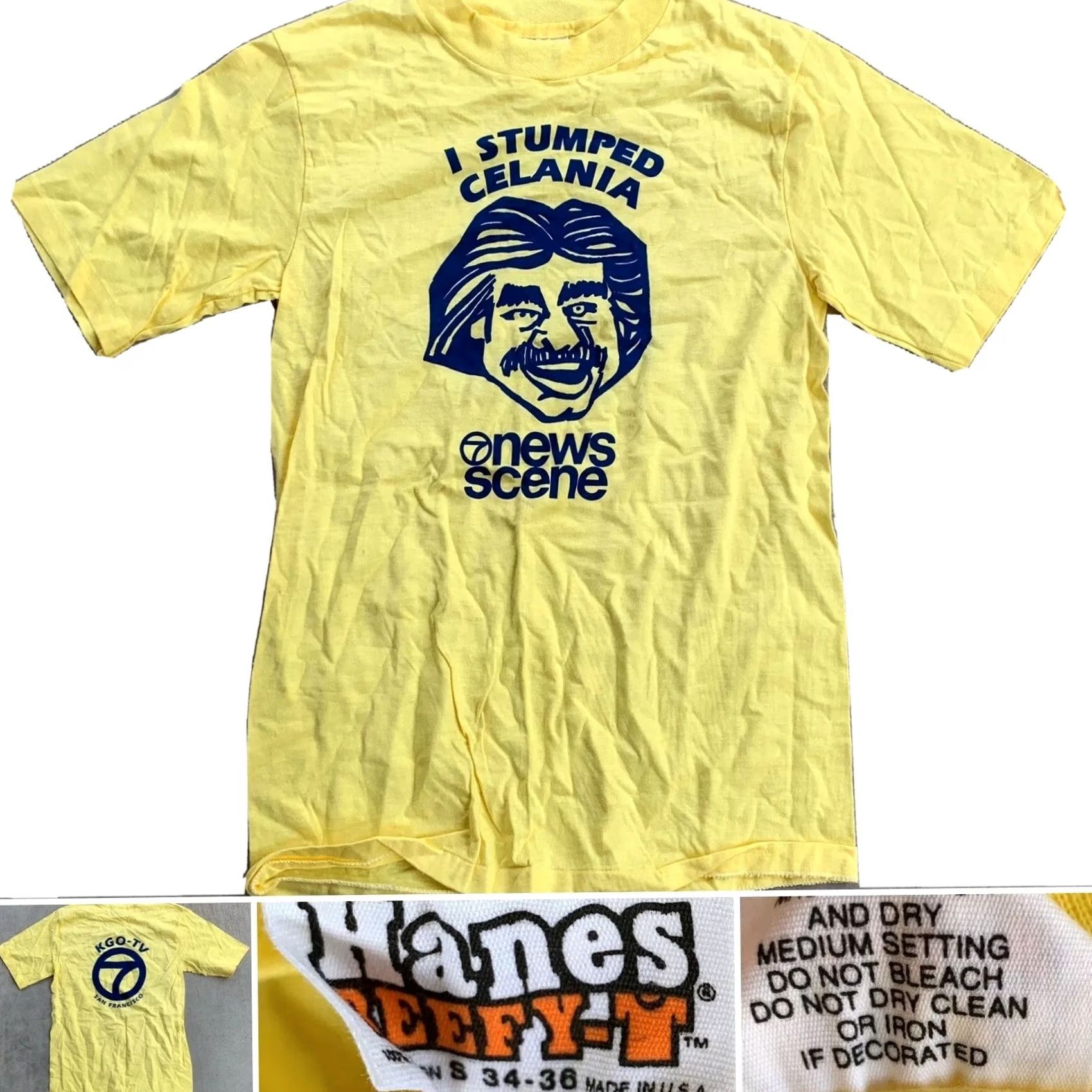Hanes VINTAGE Hanes KGO-TV 7 San Francisco T-Shirt I Stumped Celania 7 News Scene 70s 80s Yellow Graphic Tee Mens S 34-36 100% Cotton USA 1970s Size US S / EU 44-46 / 1 - 2 Thumbnail