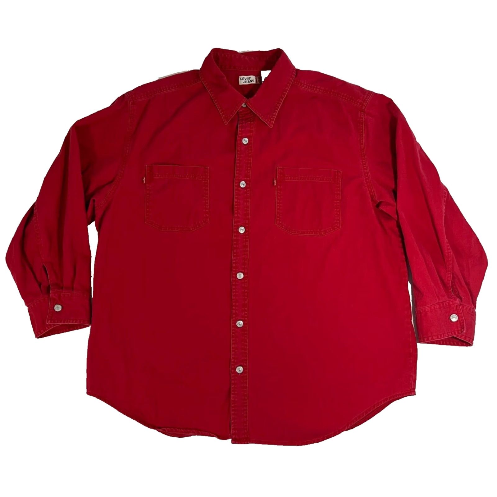 Levi's VINTAGE Levi's Men’s Denim Work Shirt Denim 90s Red Button-Up XL Mens Casual Pockets Vintage 90s Classic Leather? (Wait) Size US XL / EU 56 / 4 - 2 Thumbnail
