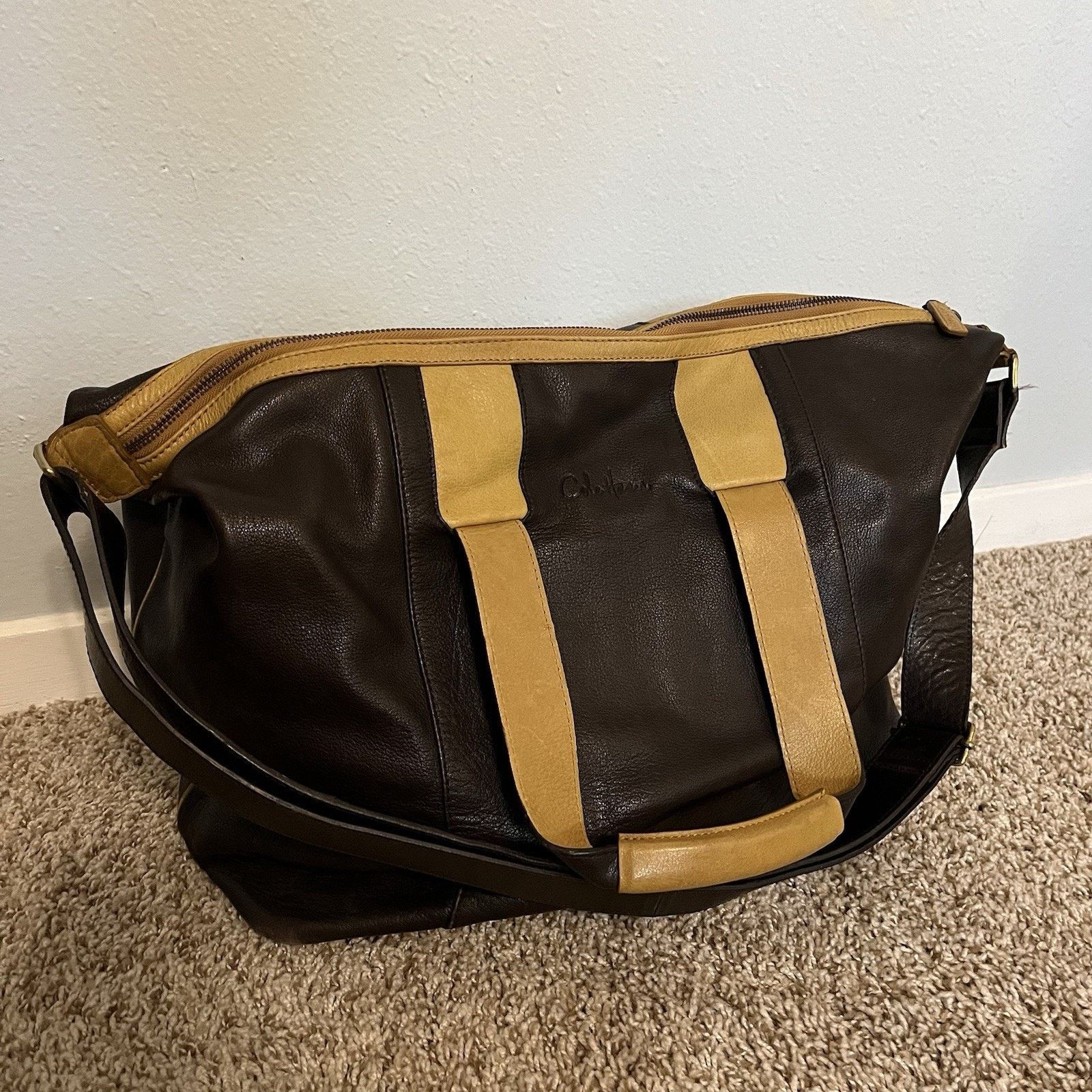 Cole Haan Tumbled Brown Leather Duffle Strap Tote Messenger Bag, Men's