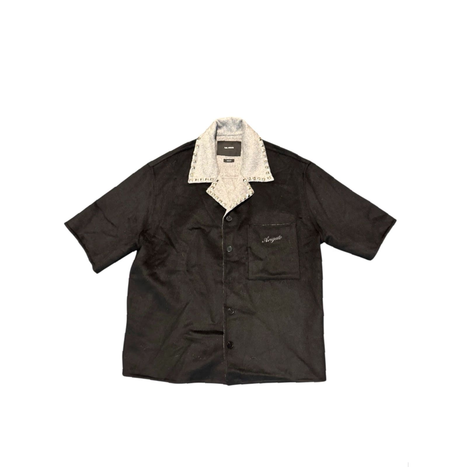 Axel Arigato AXEL ARIGATO Mens Shirt Holiday Dusty Black/ Grey Short Sleeve Wool Blend M Regular Button-Up Chest Pocket Casual Travel 80s Shirt Mens Size US M / EU 48-50 / 2 - 2 Thumbnail