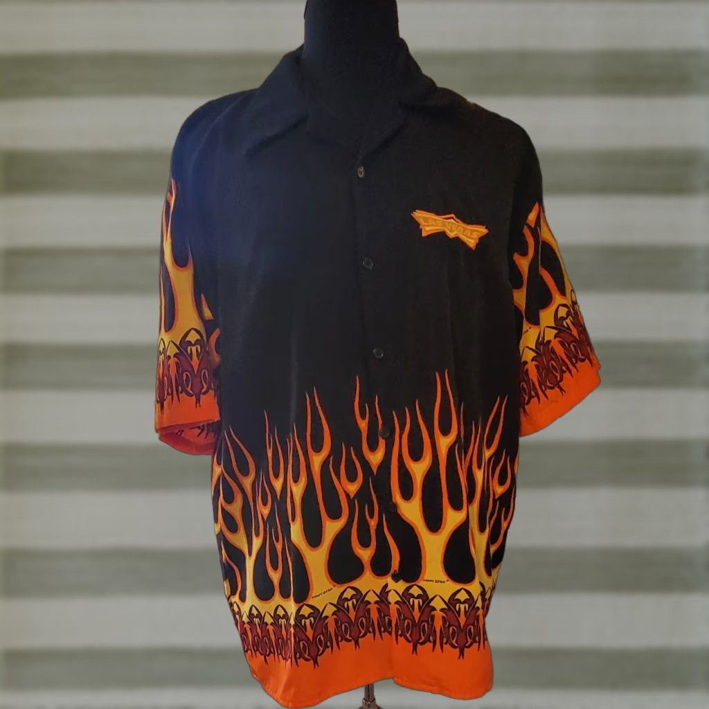 Point Zero VINTAGE 90s Y2k Supersaber Point Zero Las Vegas Flame Lounge Shirt XXL Men Short Sleeve Black Button-Up Jacket? Size US XXL / EU 58 / 5 - 1 Thumbnail