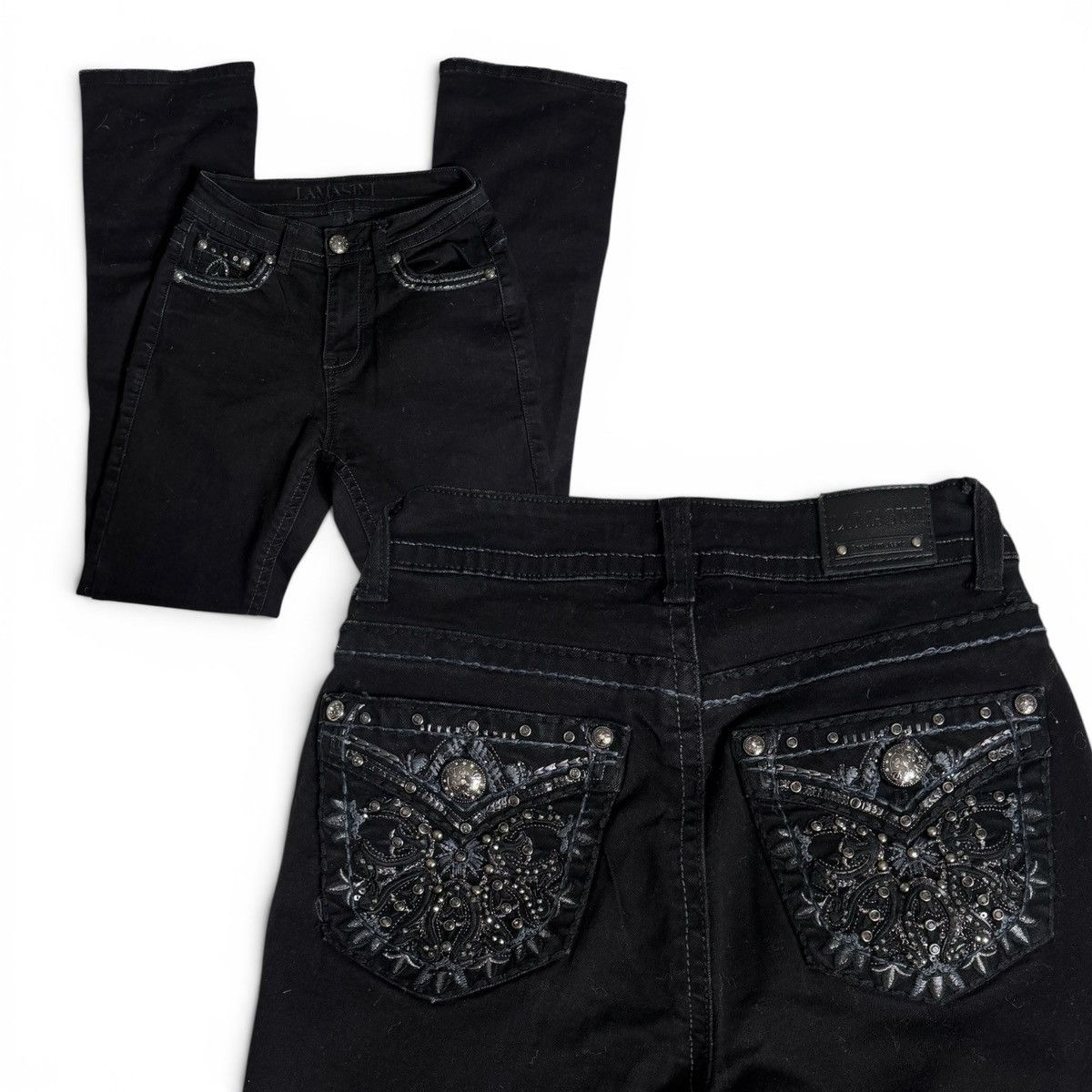 Other Western Grunge Black Mid Rise Bootcut Rhinestone Denim Jeans Size 25" / US 0 / IT 36 - 2 Thumbnail