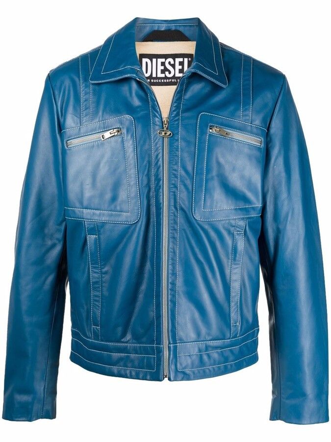 Diesel Diesel Leather Blue L-Cale Bomber Biker Moto Jacket Coat M Size US M / EU 48-50 / 2 - 6 Thumbnail