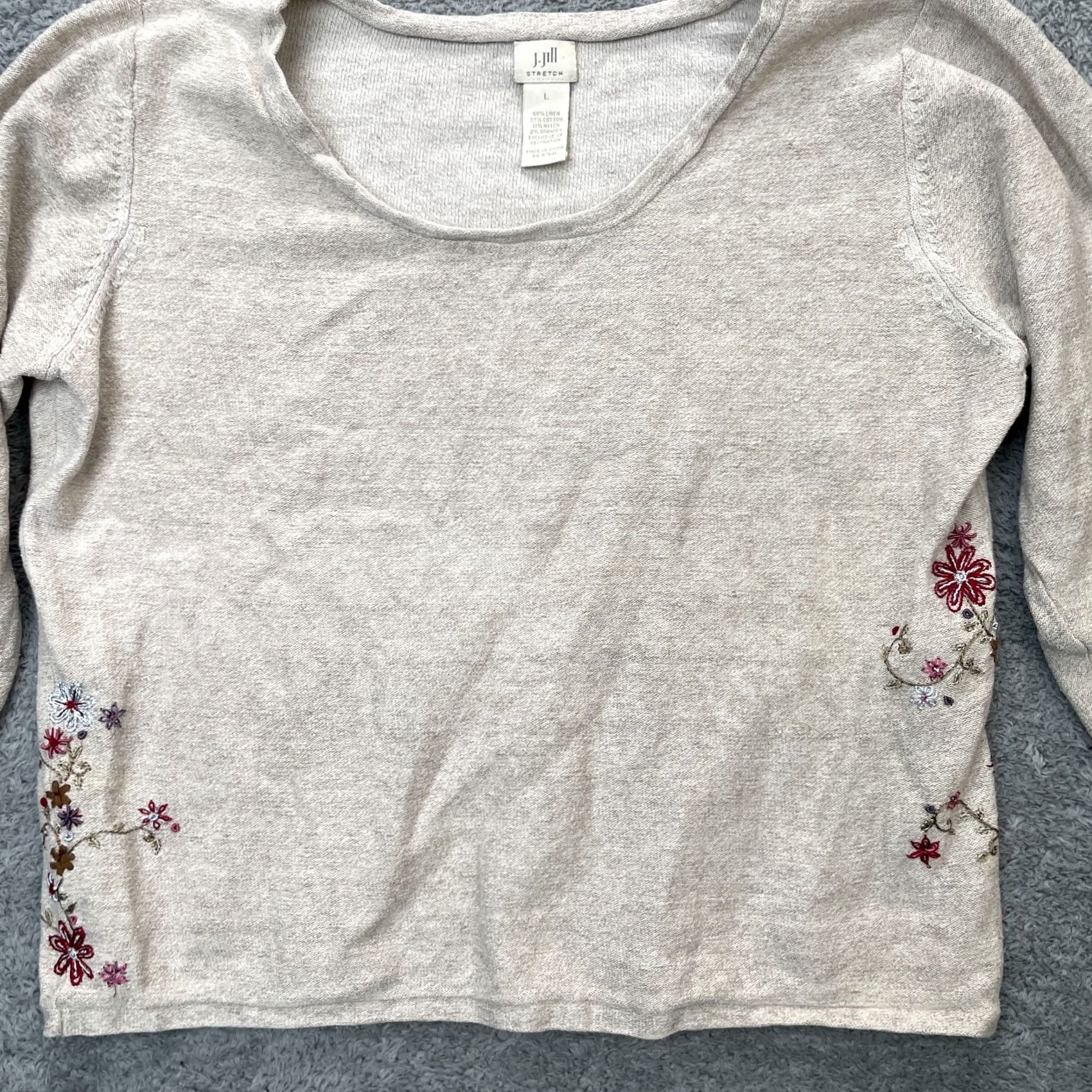 J. Jill J Jill Sweater Womens Large Beige Floral Embroidered Linen Blend Pullover Knit Knitwear Casual Party/Cocktail Embroidered Size L / US 10 / IT 46 - 5 Thumbnail