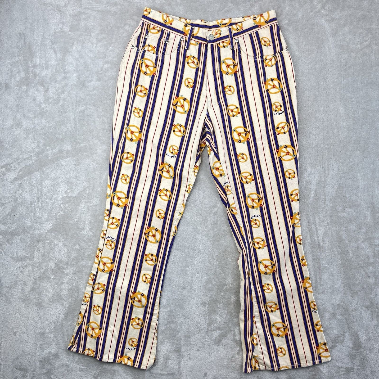Other Rare Vtg 90s Chipie French Designer Flare Pants Peace Sign Size US 30 / EU 46 - 1 Thumbnail