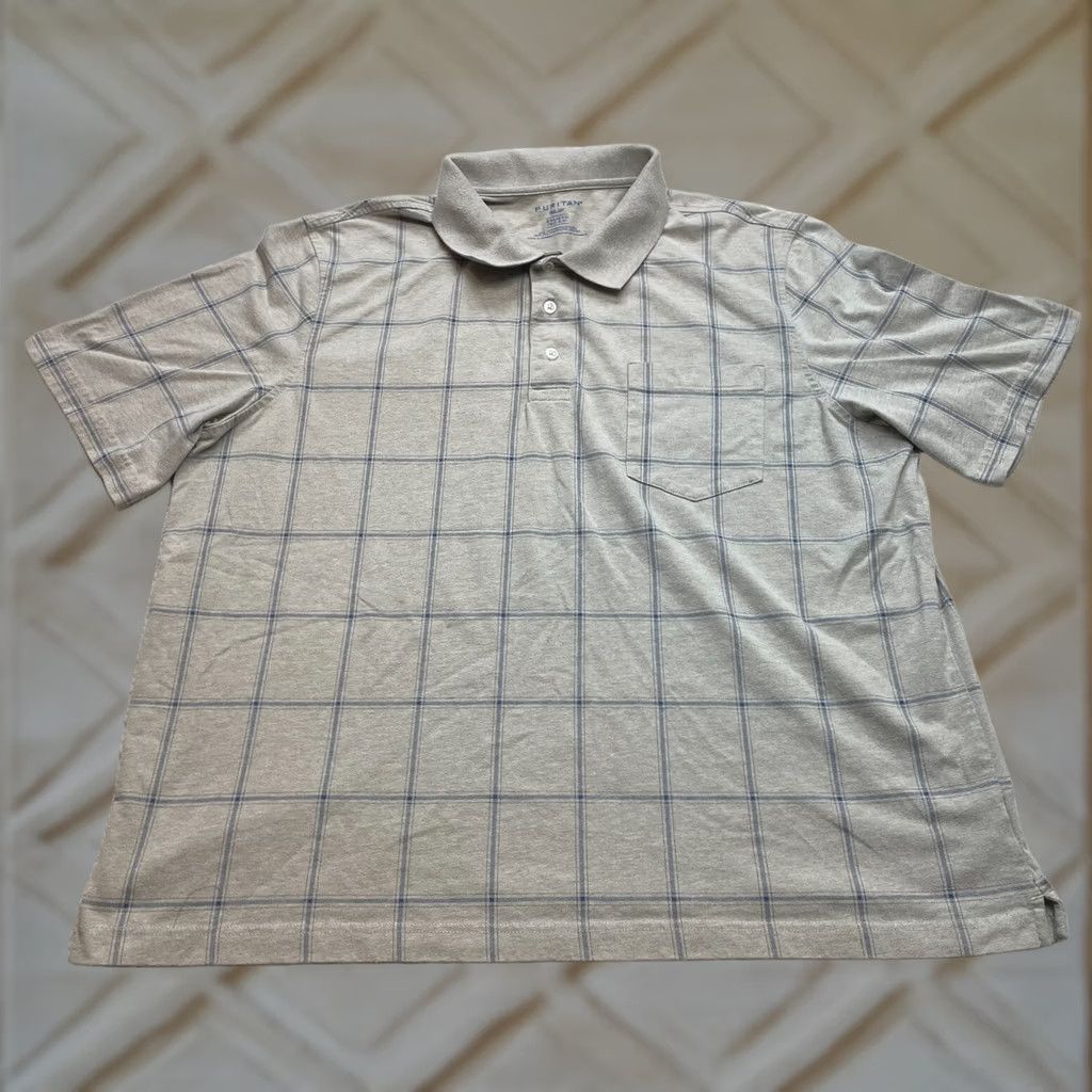 Vintage Puritan Polo Shirt Mens 2XL Beige Blue Check Short Sleeve Polo Golf Rugby Casual Shirt Mens Big & Tall Size US XXL / EU 58 / 5 - 1 Thumbnail