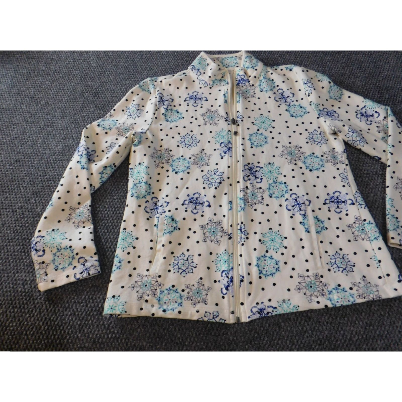 Talbots Talbots Jacket Womens Medium Blue Floral Zip Fleece Stretch Knit Mid-Length Long Sleeve Cotton Shell Embroidered Handcrafted? No Size L / US 10 / IT 46 - 3 Thumbnail