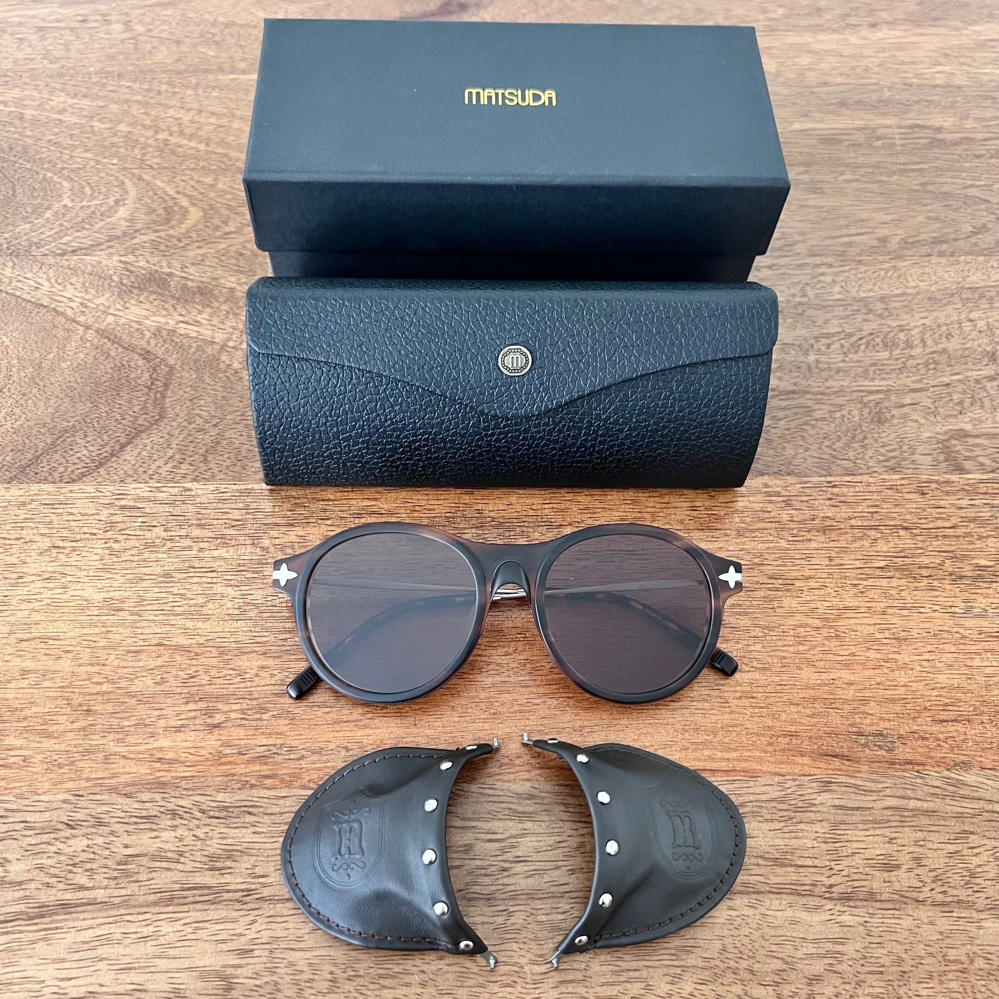 image of Matsuda Panto Round Leather Shield Sunglasses - Brown in Brown Tan, Men's
