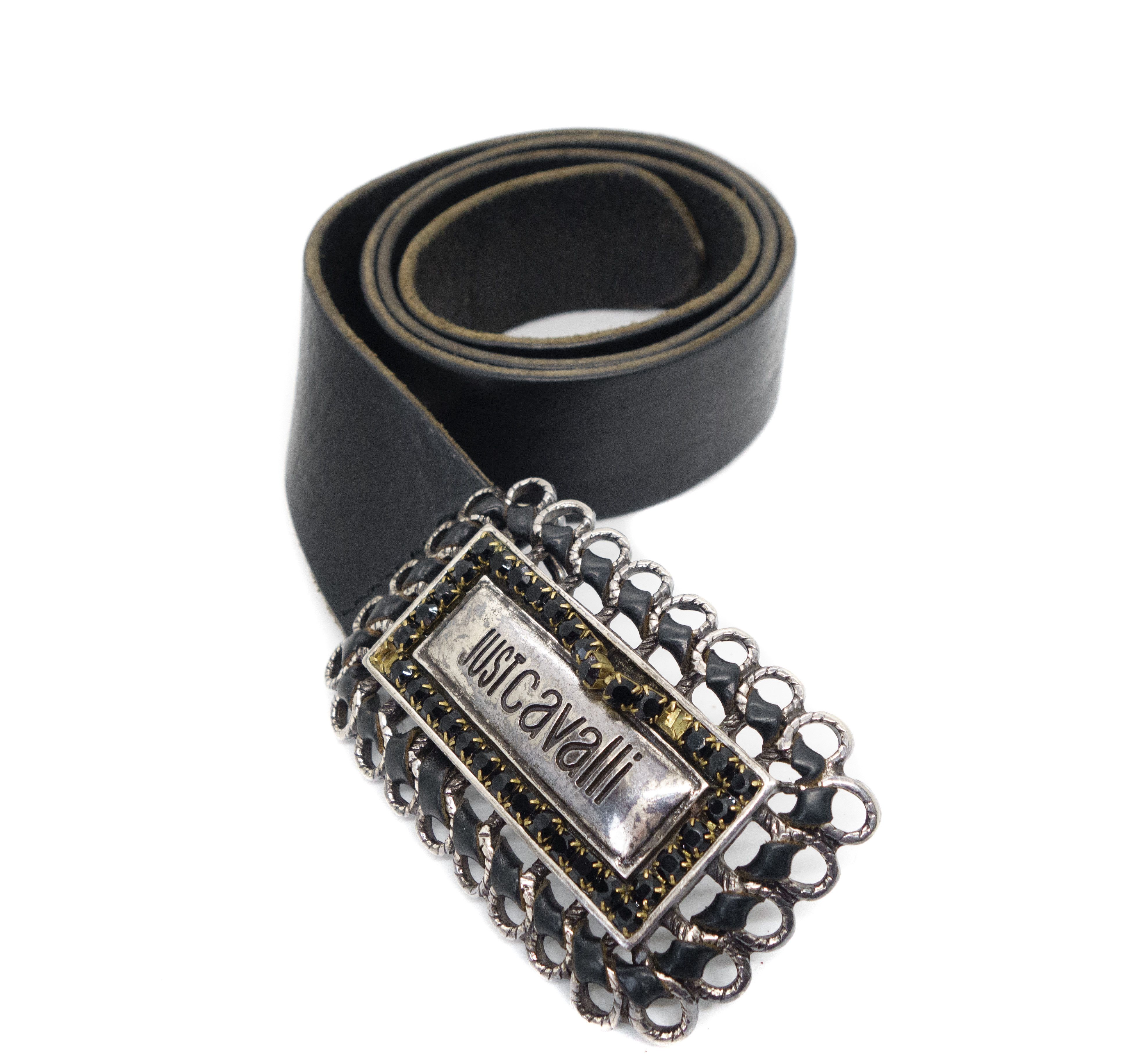 Just Cavalli Y2K Leather Crystal Encrusted Logo Plate Buckle Belt 00s Size ONE SIZE - 2 Thumbnail