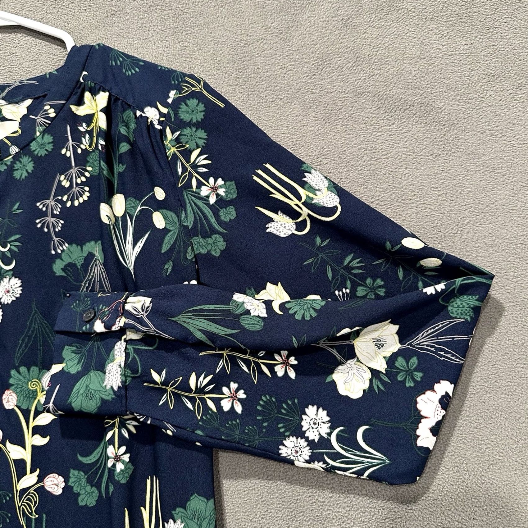 Loft LOFT Dress Womens XS Navy Blue Floral Print Midi Button Front Long Sleeve Belted Size XS / US 0-2 / IT 36-38 - 6 Thumbnail