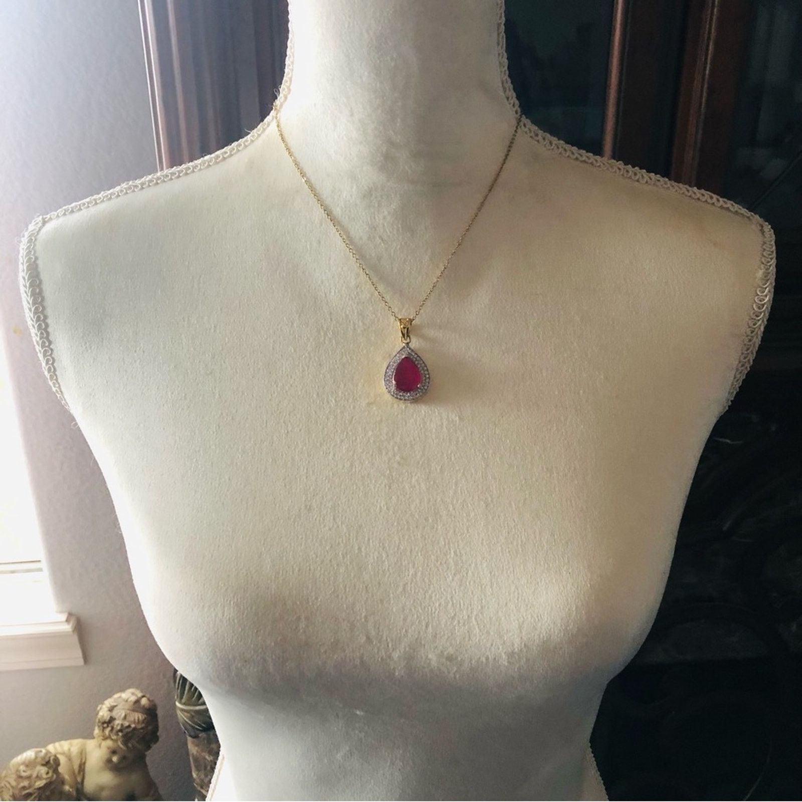 Vintage Teardrop natural oriental ruby cz halo gold vermeil pendant Size ONE SIZE - 10 Thumbnail