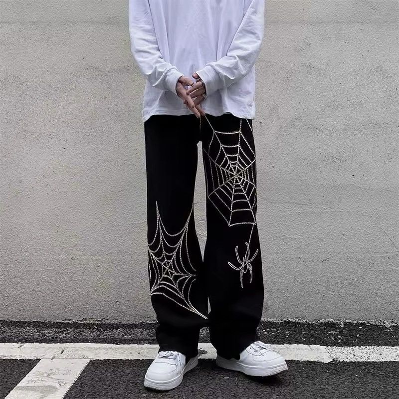 Designer × Jean Spider Web Print Straight Loose Gothic Pants Size US 31 - 1 Thumbnail