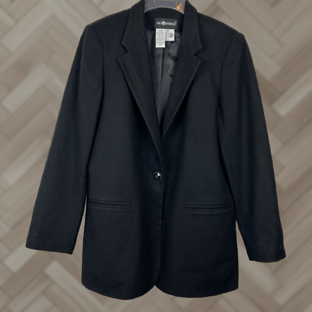 VINTAGE Sag Harbor Blazer Womens 10 Black Wool Quiet Luxury Old Money Shoulder Pads Oversized Slim Fit Jacket Mid-Length Women