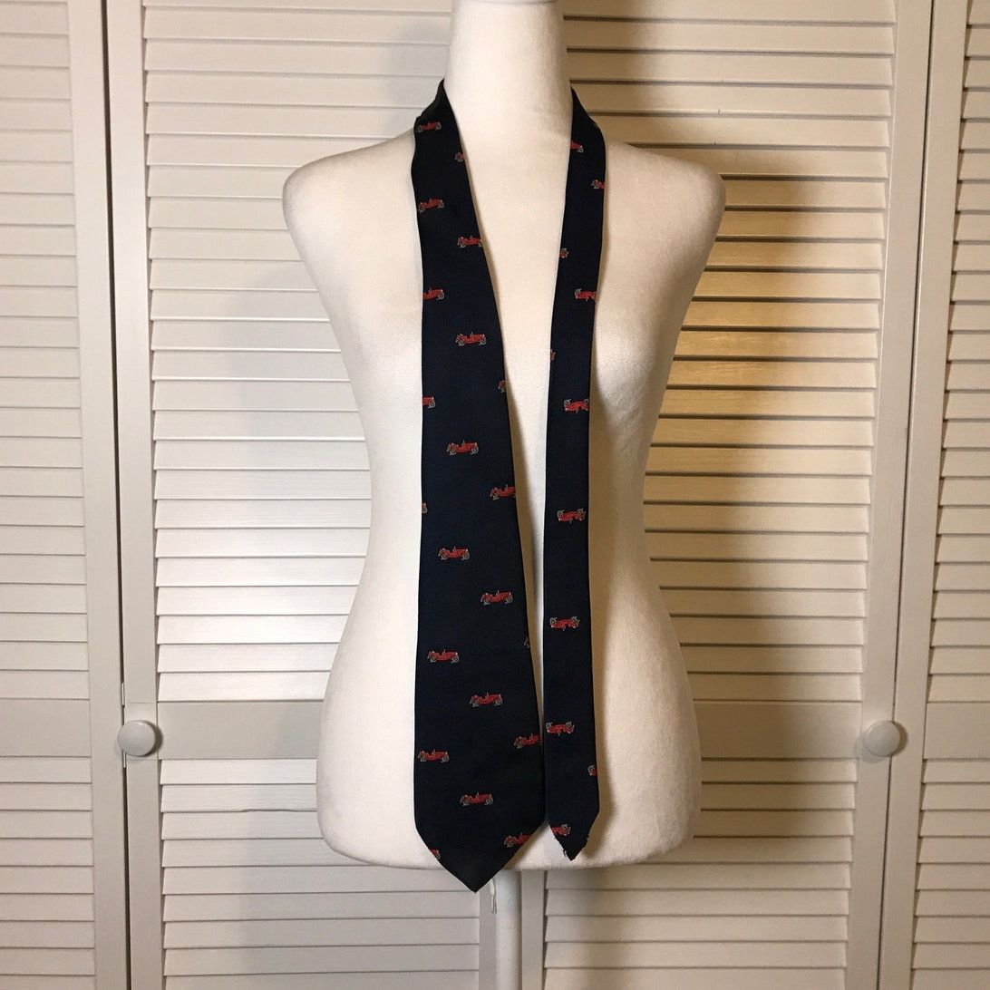 Other Antique Red Car Theme Navy Classic Wide Men Necktie Size ONE SIZE - 2 Thumbnail