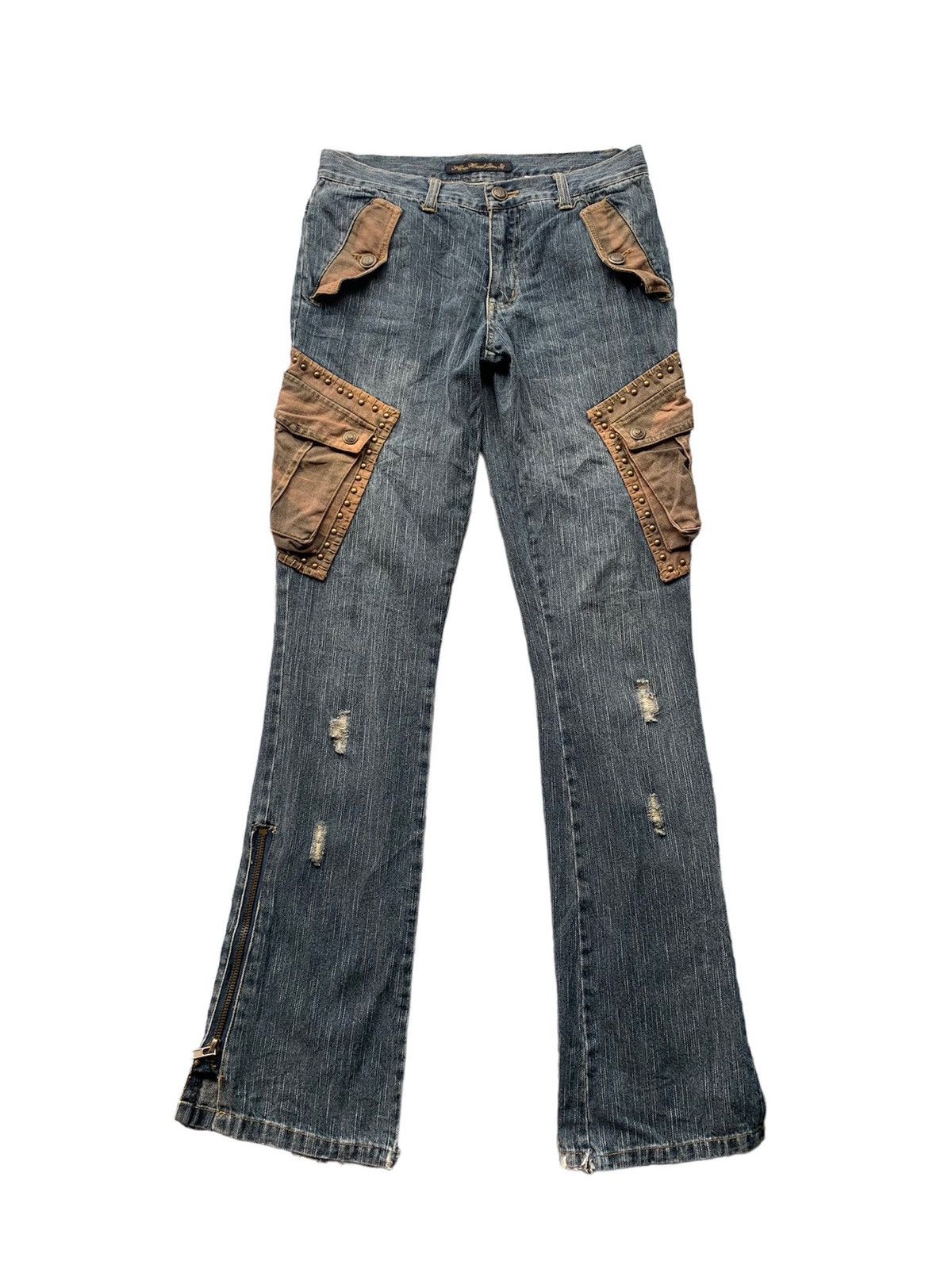 If Six Was Nine How hand jam studded camo distressed flared cargo pants Size US 31 - 1 Thumbnail