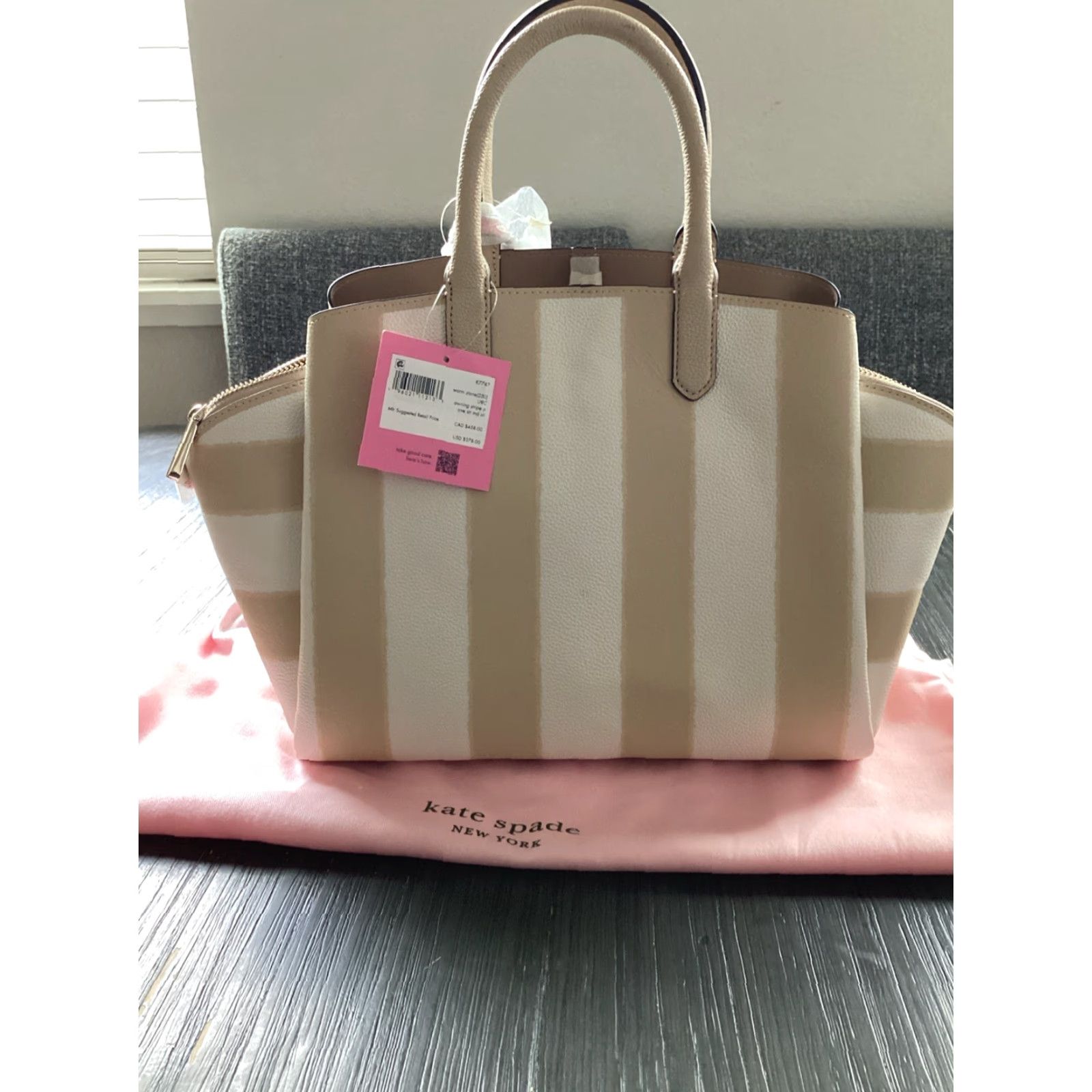 Vintage VINTAGE Kate Spade Avenue Awning Stripe Medium Satchel Warm Stone NWT Dust Bag Size ONE SIZE - 3 Thumbnail