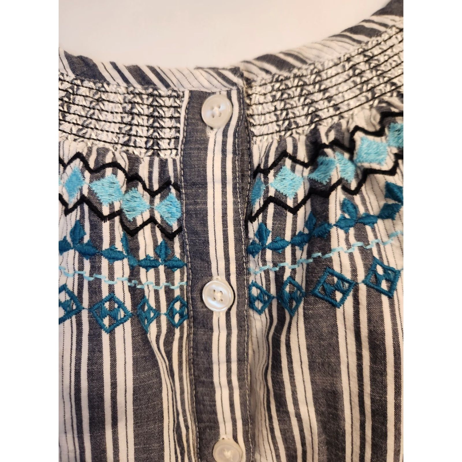 Vintage Catherines Blue White Stripe Embroidered Trim Balloon Sleeve Top Hippie Boho 0X Size XL / US 12-14 / IT 48-50 - 2 Thumbnail