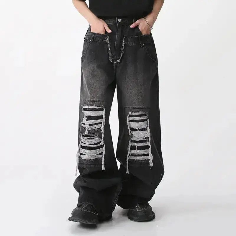 Japanese Brand Holey Baggy Retro Hip Hop Jeans Pants Y2k Casual Loose 90’s Size US 32 / EU 48 - 2 Thumbnail