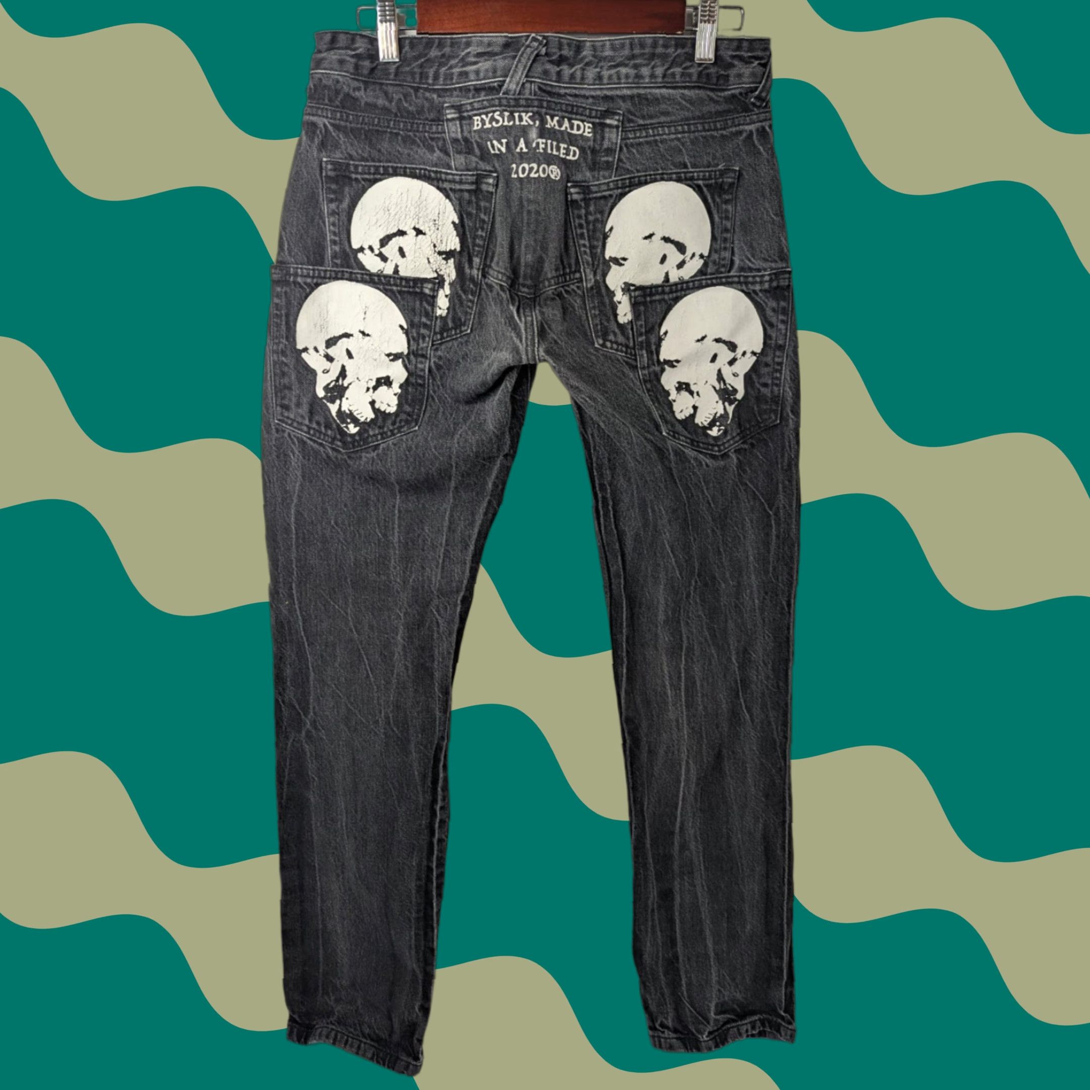 Denime BySlik Made In Da Field Dead Player Skull Pockets Button Fly Black Denim Jeans Size US 32 / EU 48 - 1 Thumbnail