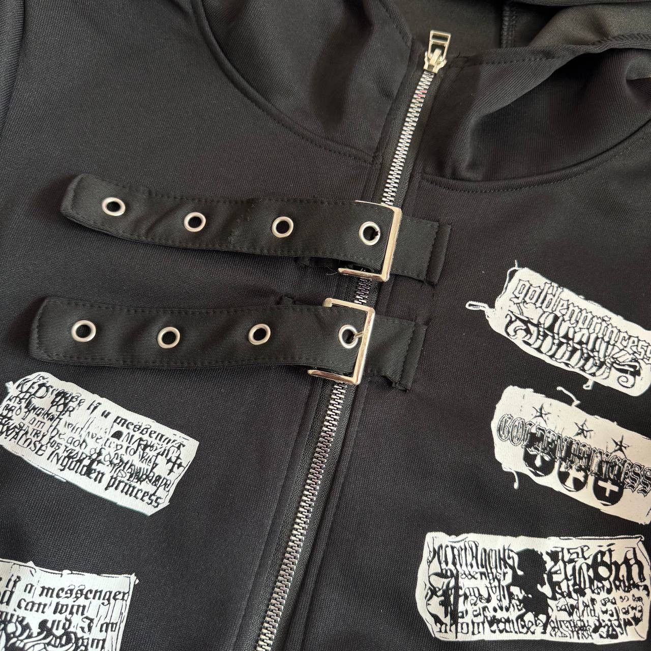 Other Opium Y2K Punk Rave Goth Patchwork + Bondage Zip Hoodie Size S / US 4 / IT 40 - 6 Thumbnail
