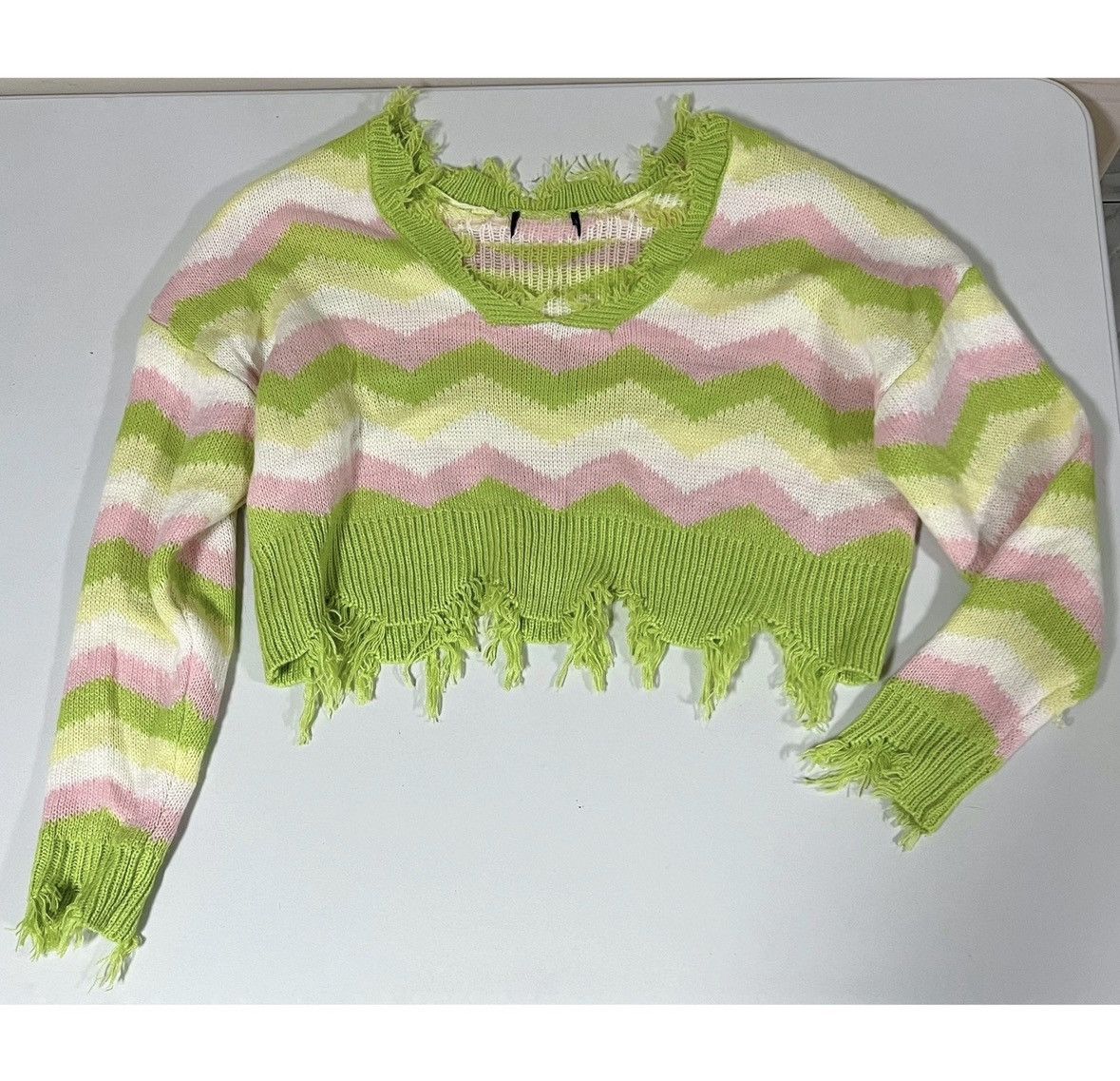 Vintage Lime Green Striped V-Neck Knit Sweater Shirt Top Size M 🩷💚✨ Size M / US 6-8 / IT 42-44 - 2 Thumbnail