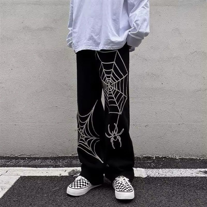 Designer × Jean Spider Web Print Straight Loose Gothic Pants Size US 31 - 3 Thumbnail