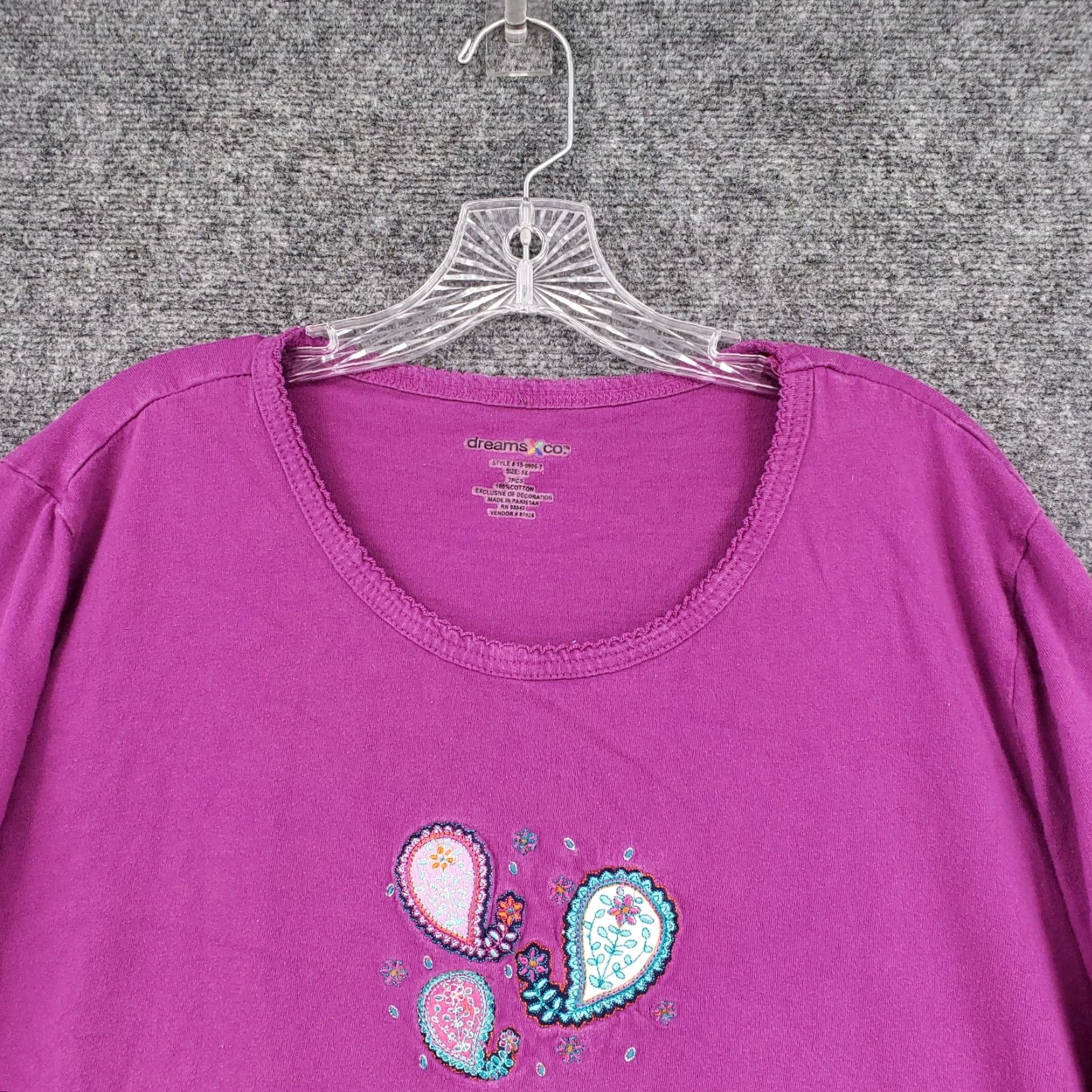 CO Dreams Co Pajama Top Womens 1X Purple Paisley Embroidered 3/4 Sleeve Knit Cotton Floral Shirt Womens Pajama Top (Dreams Co) Size XL / US 12-14 / IT 48-50 - 3 Thumbnail