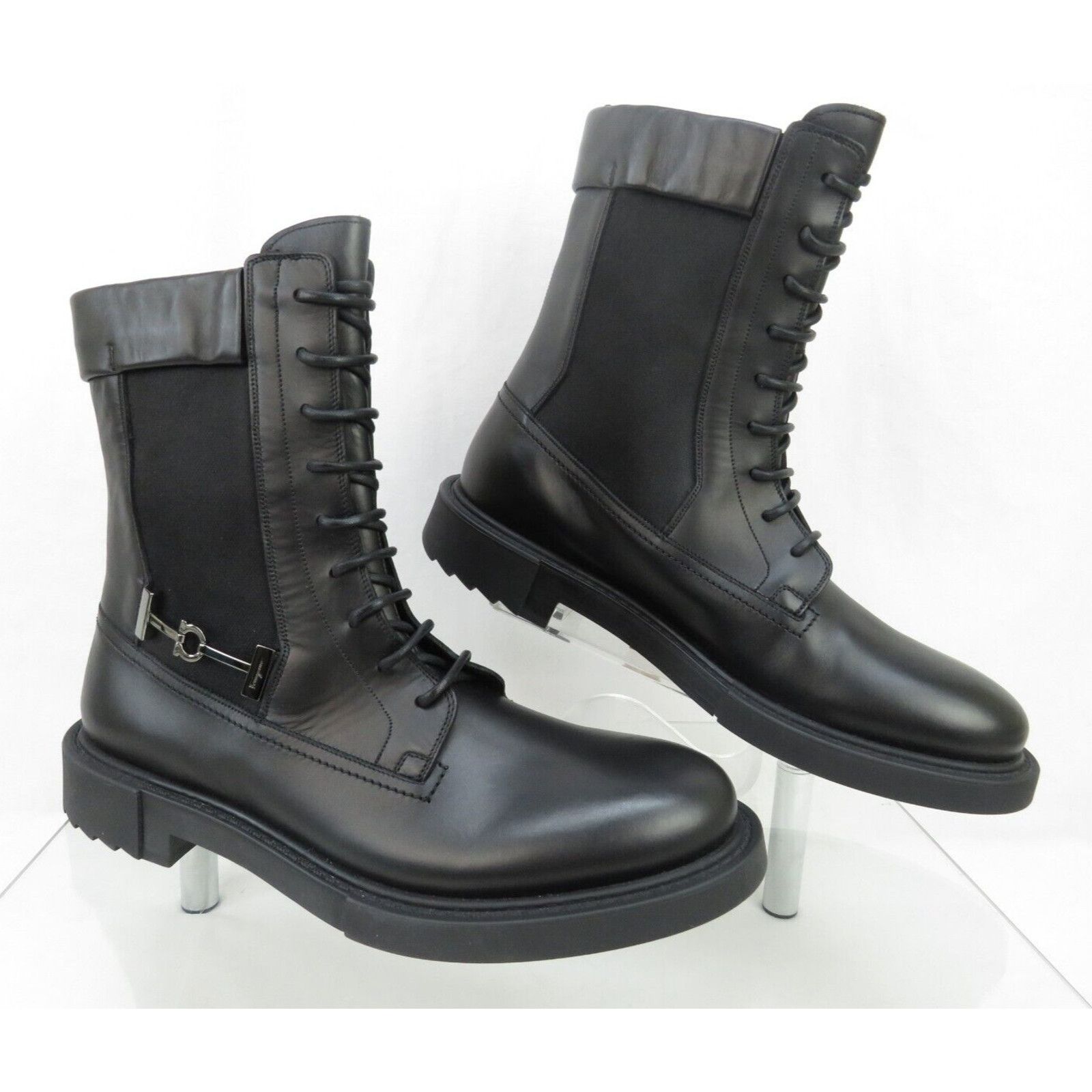 Salvatore Ferragamo NIB IGLESIAS BLACK LEATHER GANCINI LOGO COMBAT BOOTS 11 E Size US 11 / EU 44 - 6 Thumbnail