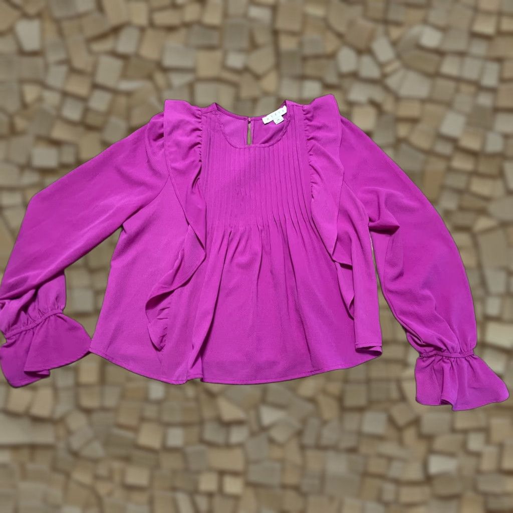 Vintage HYFVE Blouse Womens Medium Purple Long Sleeve Ruffle Pleated Shirt Size M / US 6-8 / IT 42-44 - 1 Thumbnail