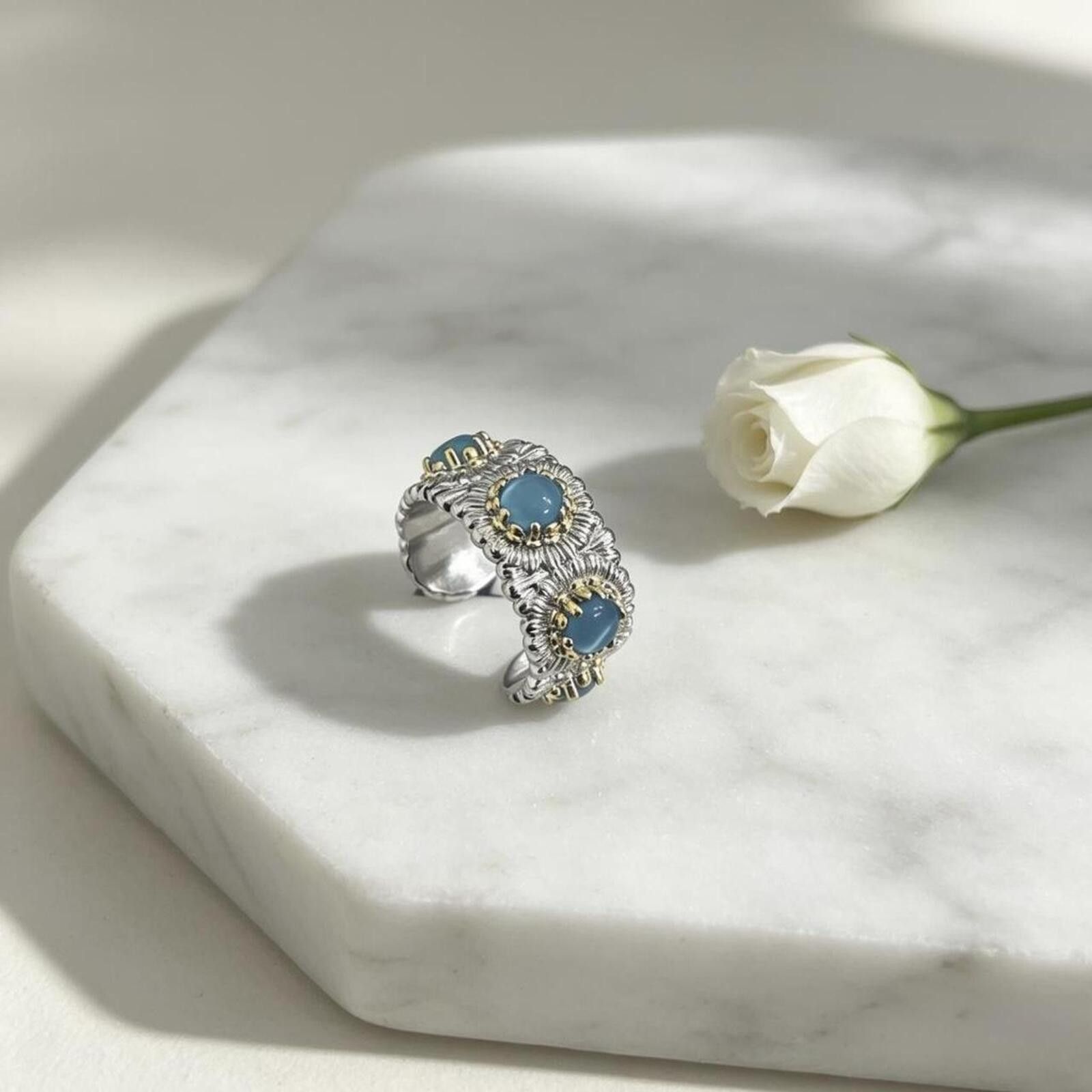 Other Vintage Blue Stone• Adjustable Silver Tone Floral Band Size ONE SIZE - 8 Thumbnail