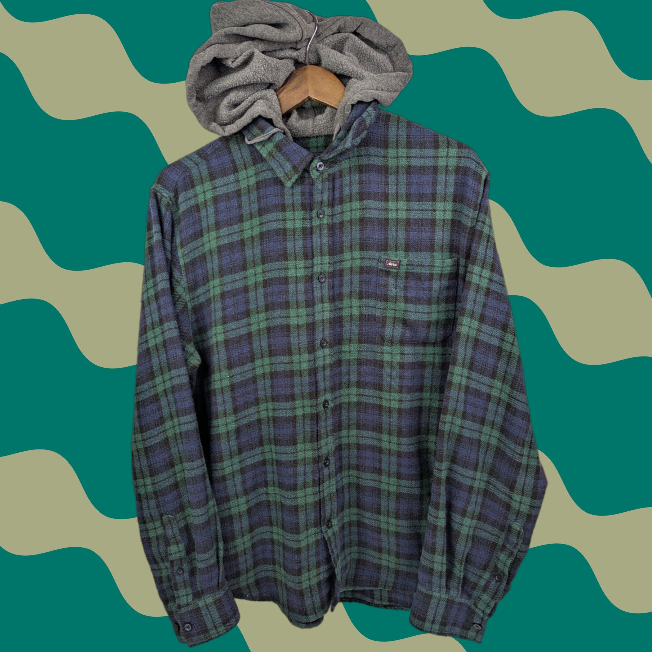 Aeropostale Aeropostale Shirt Mens Large Hooded Flannel Plaid Green Blue Long Sleeve Button-Up Areo Classic Casual Workwear Size US L / EU 52-54 / 3 - 1 Thumbnail