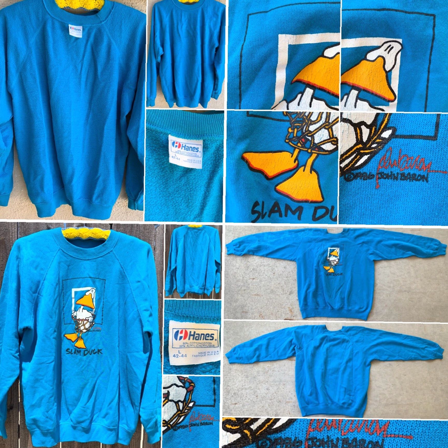 Hanes VINTAGE Hanes Sweatshirt Shirt Men L Blue 80s 1980s Basketball Slam Duck John Baron graphic print Size US L / EU 52-54 / 3 - 4 Thumbnail