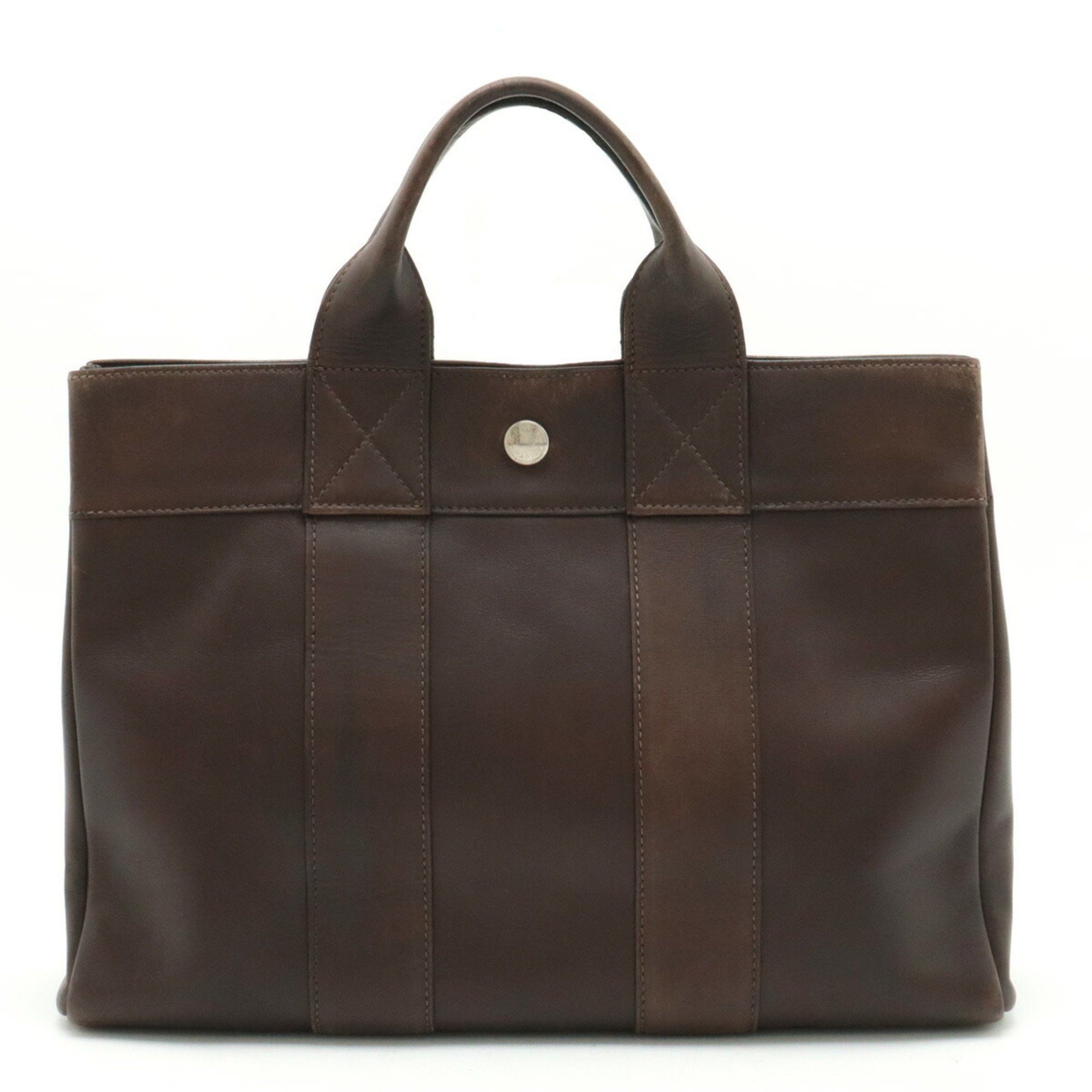 image of Hermes Foul Tote Pm Bag Handbag All Leather Dark Brown □F Stamp, Women's