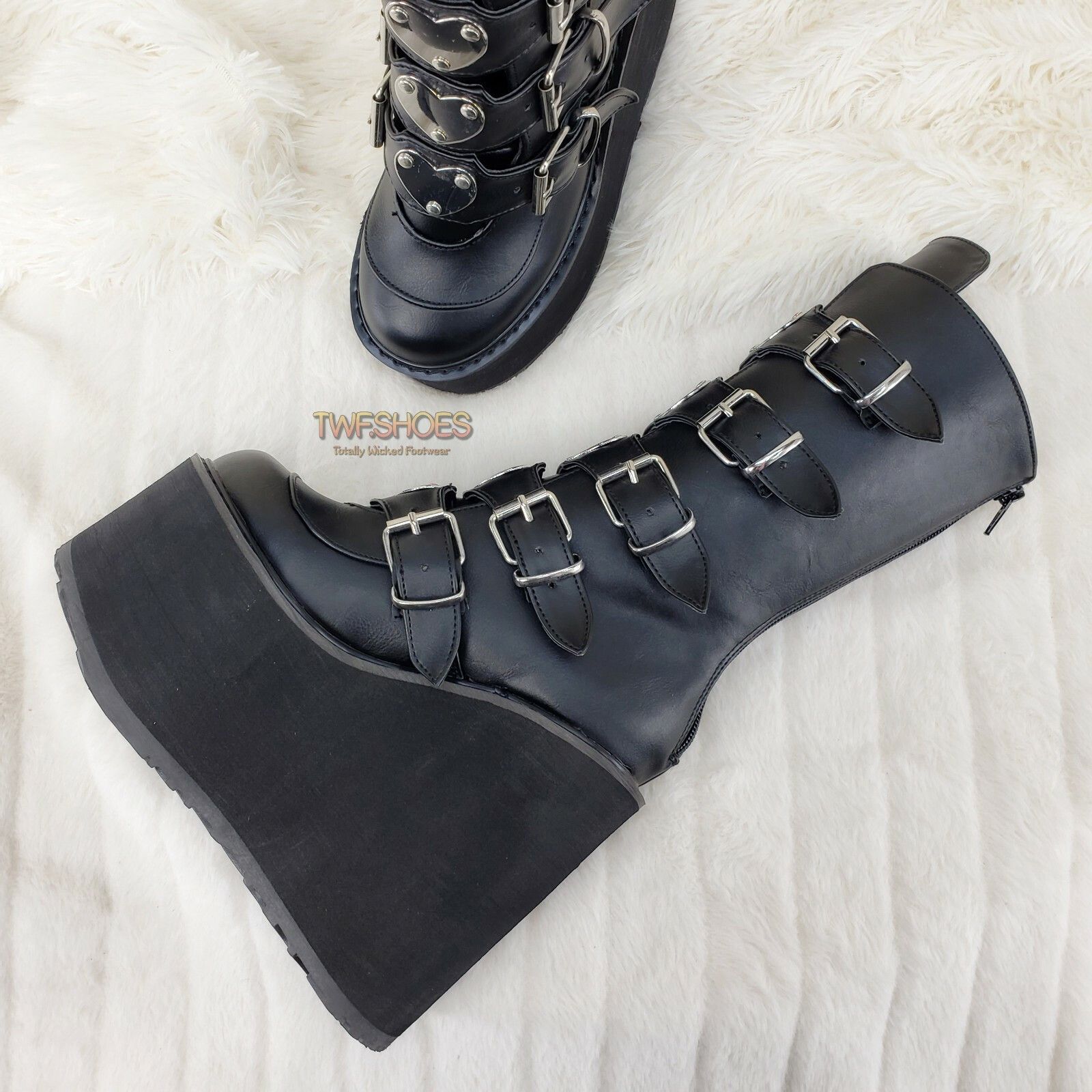 Demonia Cult DEMONIA Swing 230 Black Mid Calf Boot 5.5" Platform Heart St Size US 7 / IT 37 - 5 Thumbnail