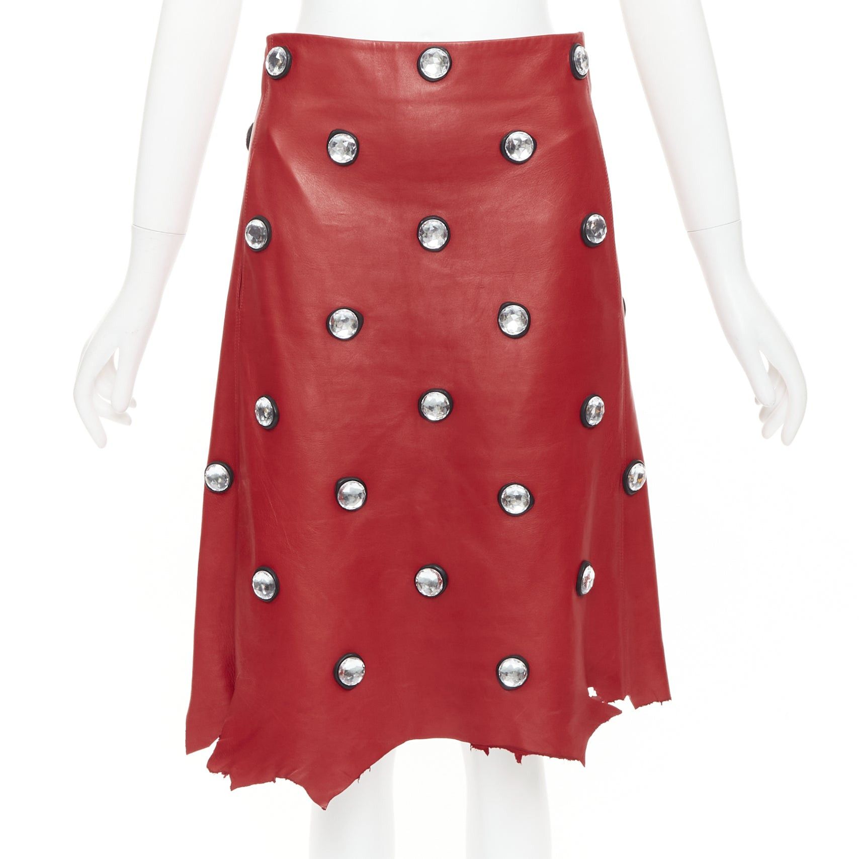 CELINE Phoebe Philo red lambskin leather acrylic stud jagged cut skirt FR34 XS