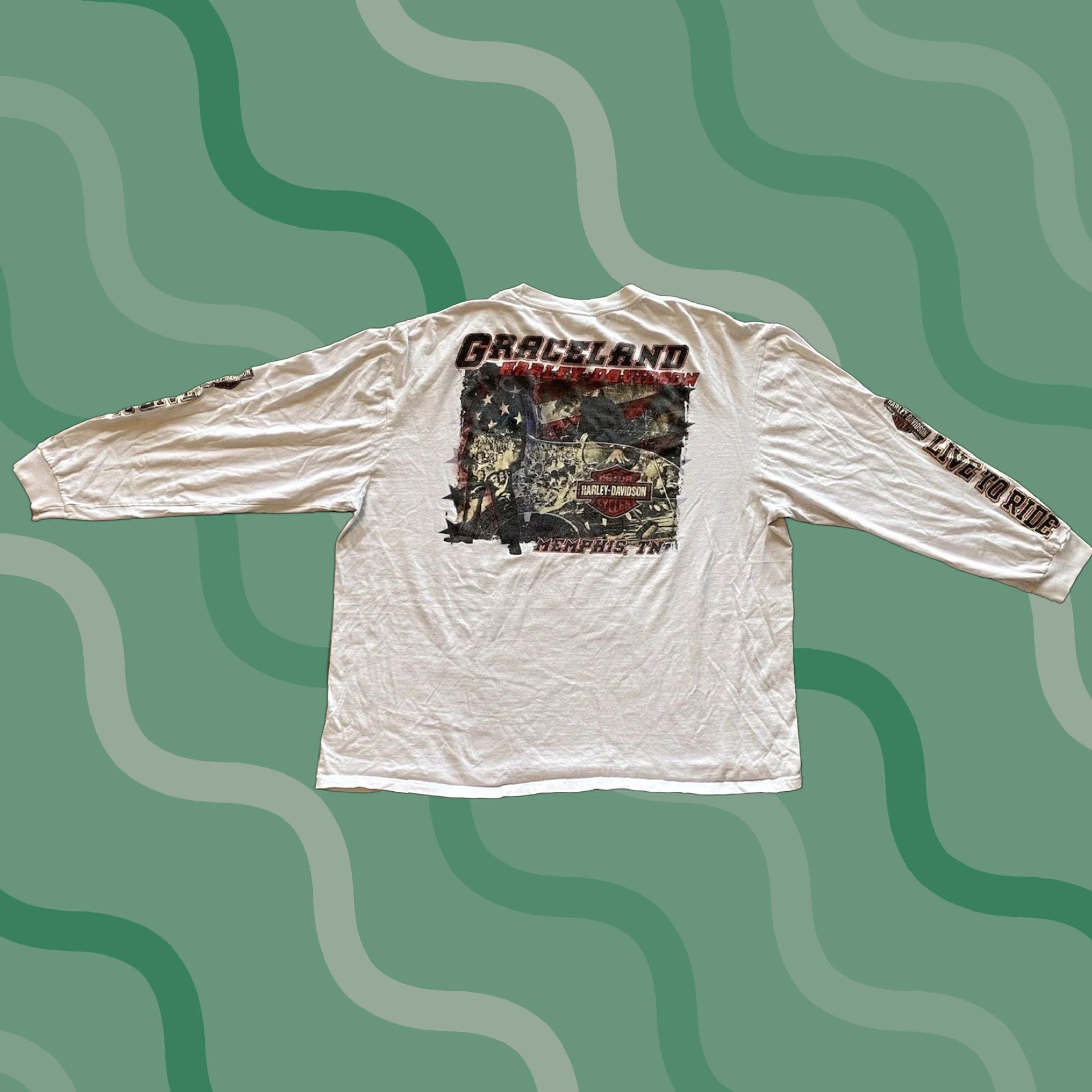 Harley Davidson VINTAGE Harley-Davidson Graceland Mens 2XL White Long Sleeve T-Shirt Elvis Live To Ride Memphis Tennessee Graphic Print Mens Size US XXL / EU 58 / 5 - 1 Thumbnail