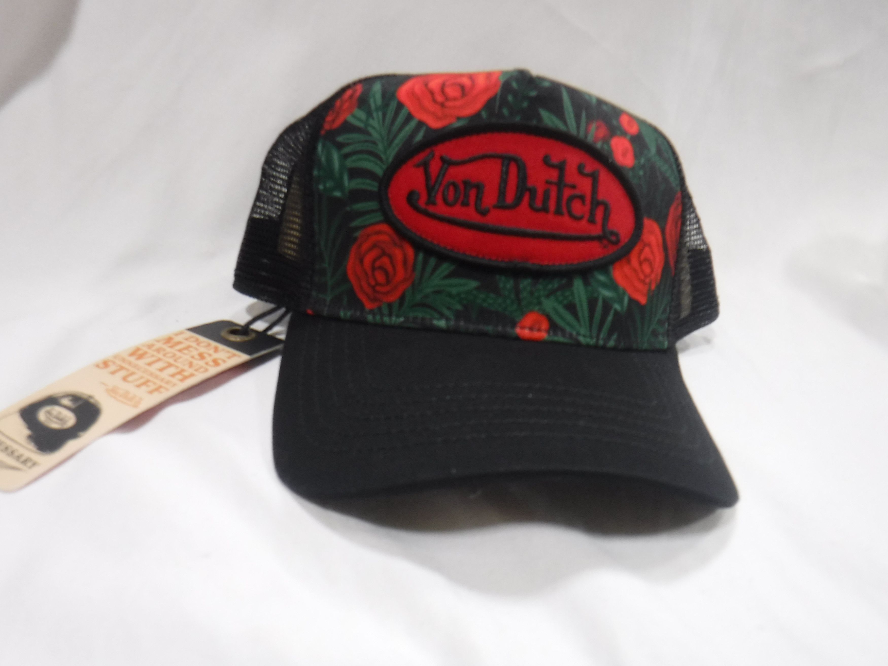 Von Dutch Trucker Hat (V3) Black with Red Flowers and Green