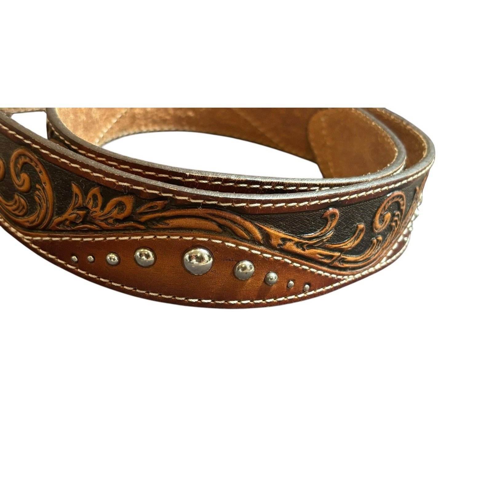 Tony Lama Tony Lama Belt Tan Brown Tooled Embossed Leather Studded 36 Size 36 - 2 Thumbnail