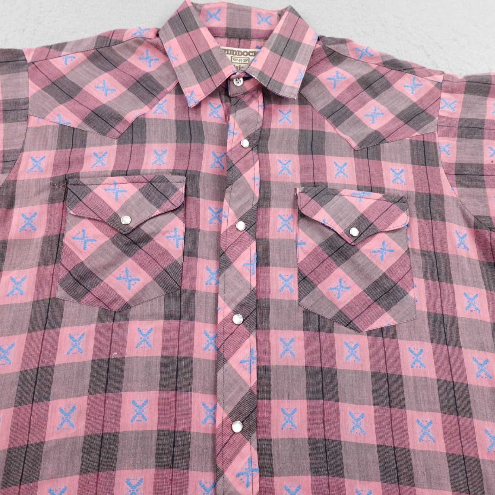 Vintage VINTAGE Ruddock Shirt Mens Large Pink Gray Plaid Western Pearl Snap Embroidered Size US L / EU 52-54 / 3 - 3 Thumbnail