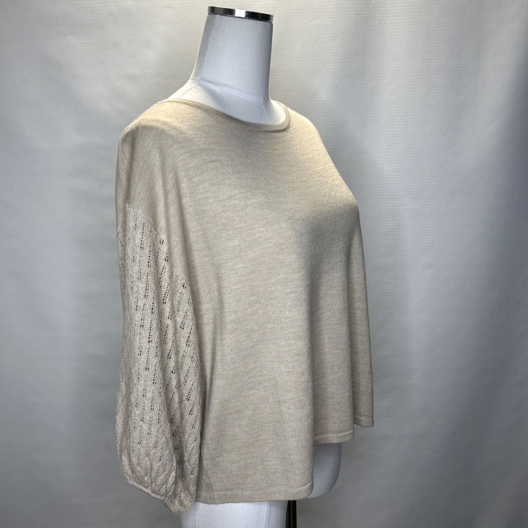 Vintage Garnet Hill Sweater Women’s Small Tan Pointelle Knit Dolman Half Sleeve Relaxed Fit Crew Neck Size S / US 4 / IT 40 - 2 Thumbnail