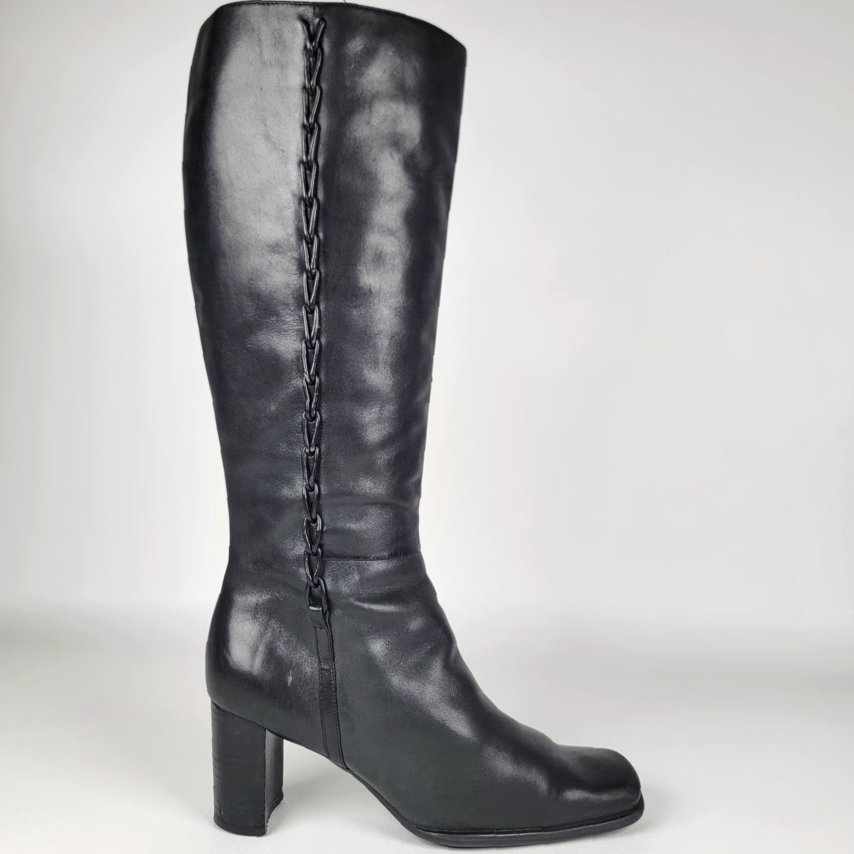Vintage St. John's Bay Boots Women 6.5M Black Knee High Zippered Square Toe Leather Winter Fall Casual Work Travel Party Womens Size US 7 / IT 37 - 3 Thumbnail