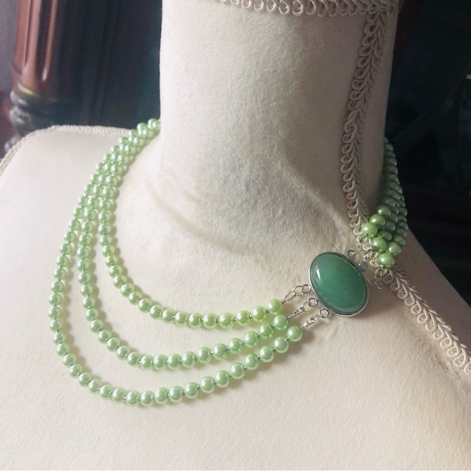 Handmade Handcrafted triple strand glass Pearl aventurine neckla Size ONE SIZE - 3 Thumbnail