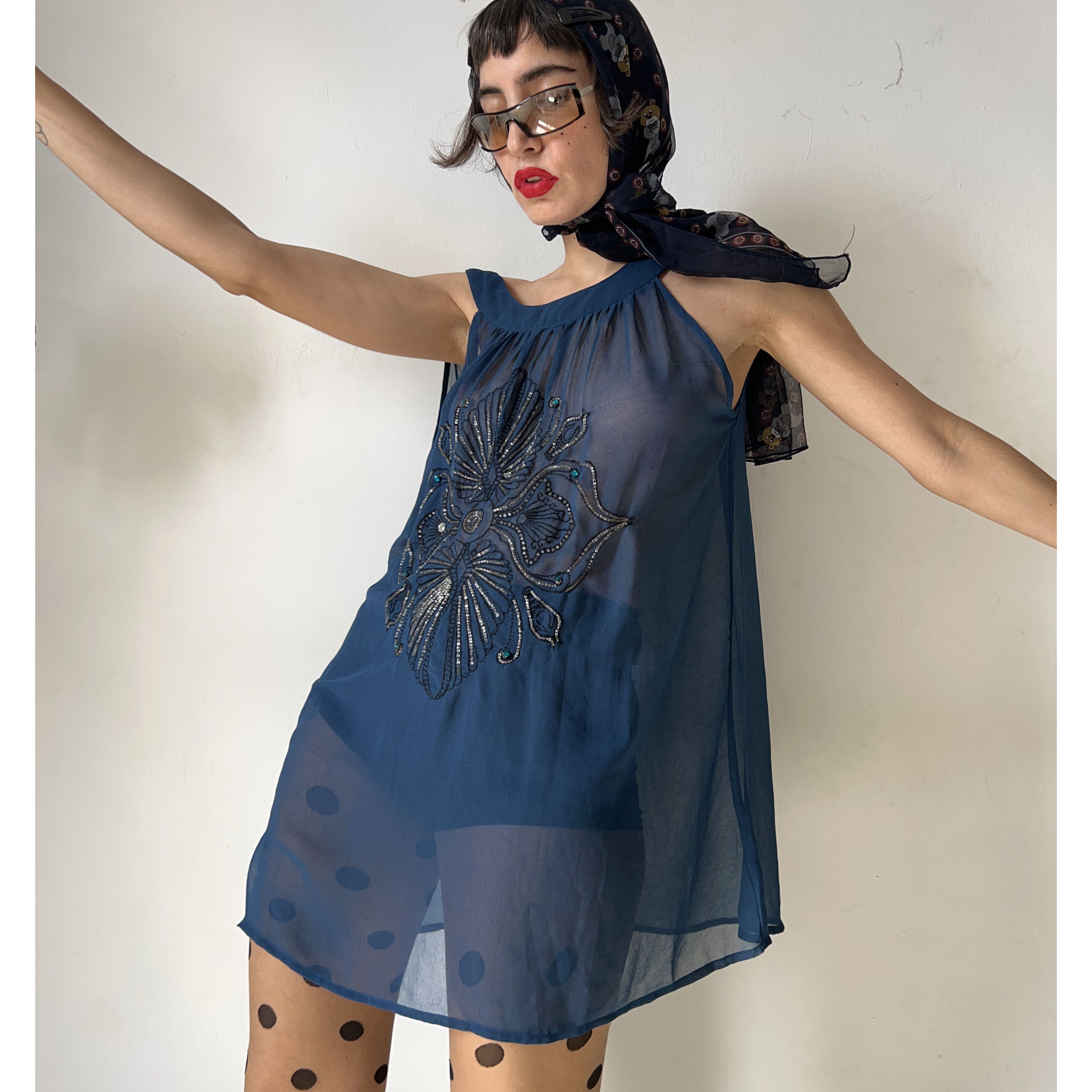 Vintage Y2K Sheer Teal Blue Beaded Mini Dress Size M / US 6-8 / IT 42-44 - 4 Thumbnail