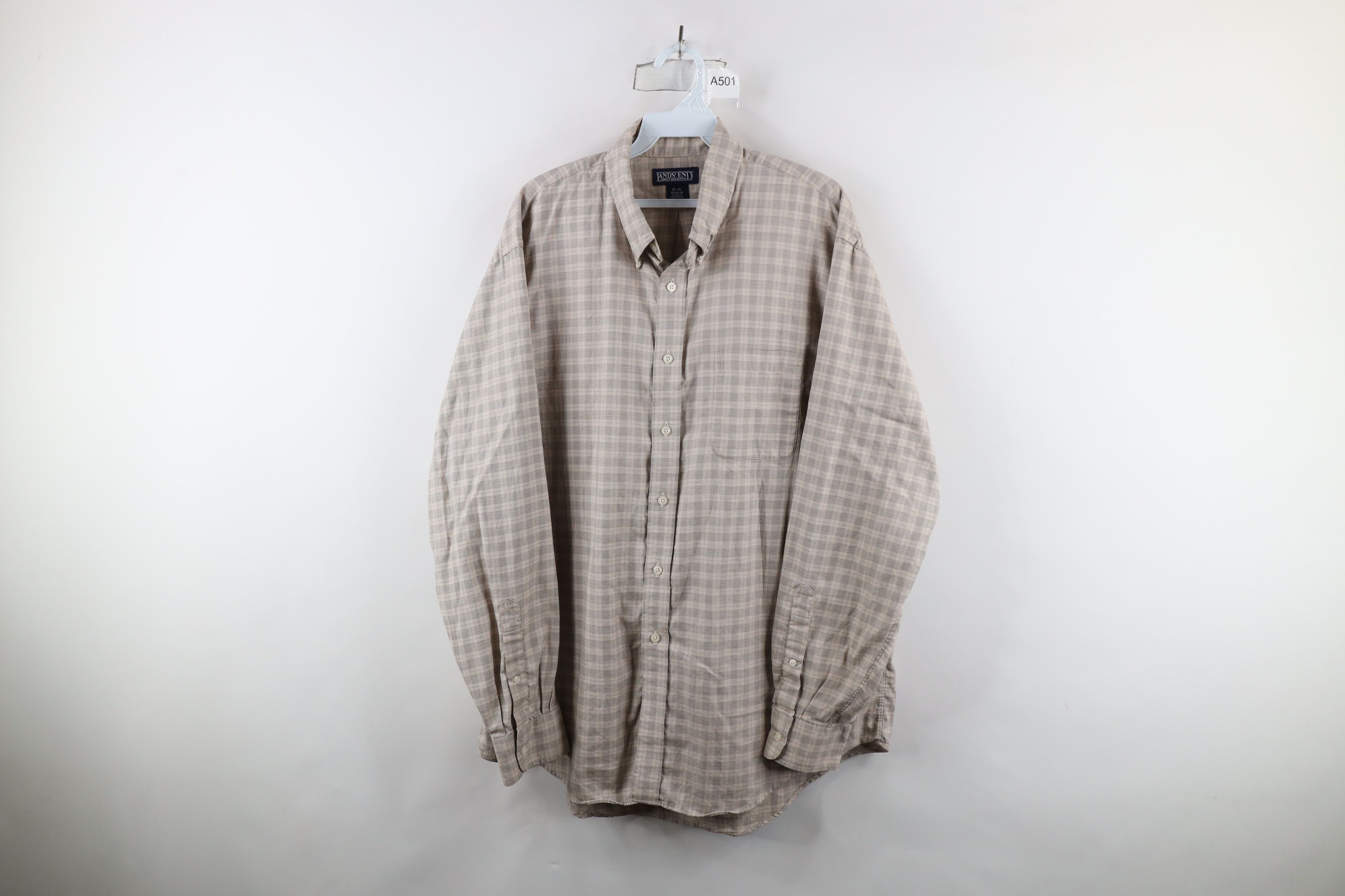 Lands' End × Vintage Vintage 90s Lands End Collared Button Down Shirt Beige Plaid Size US XL / EU 56 / 4 - 1 Thumbnail